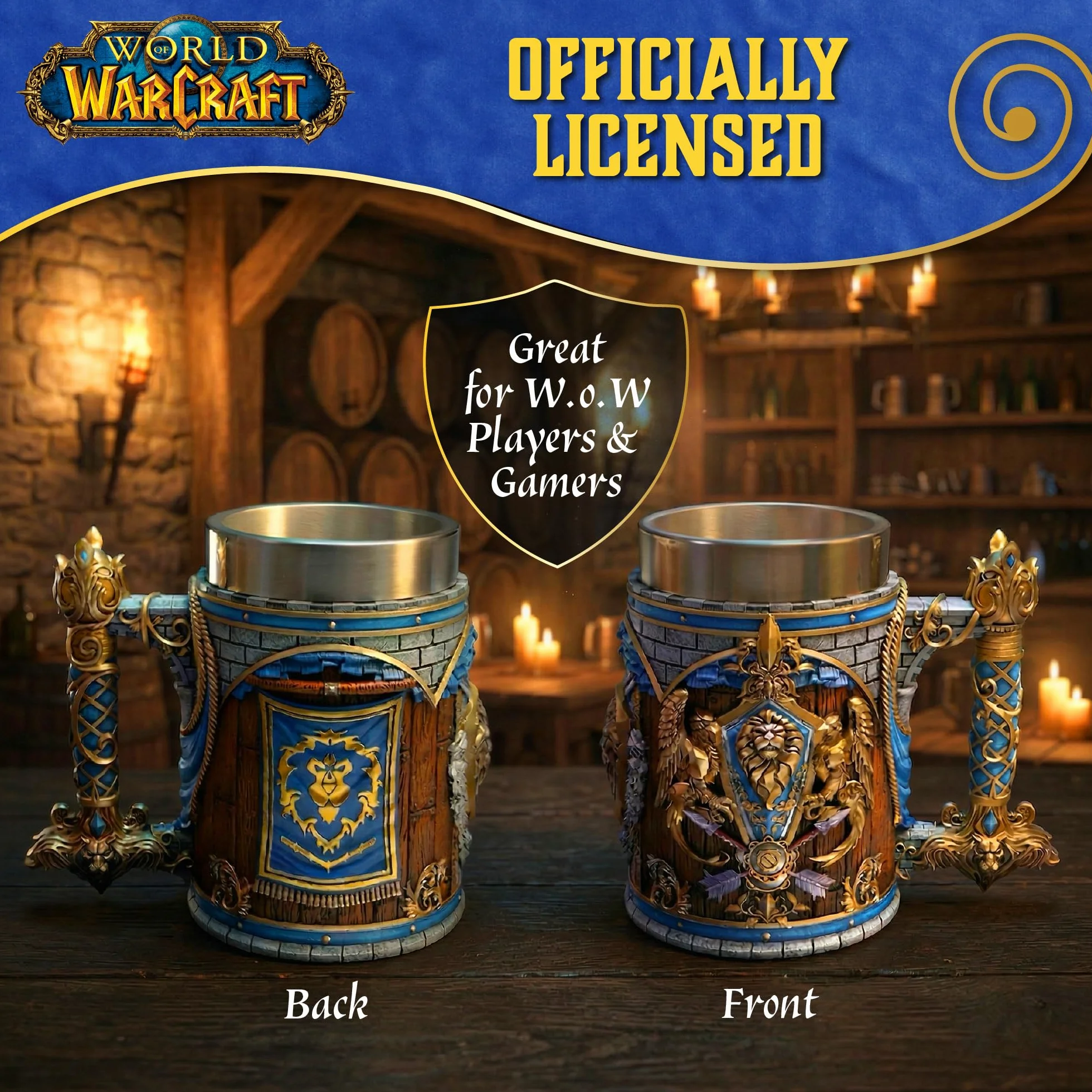 Nemesis Now World of Warcraft Alliance Tankard 15,5 cm – oficjalnie licencjonowane naczynia do picia Alliance z herbem, wzorem flagi i wkładką ze stali nierdzewnej