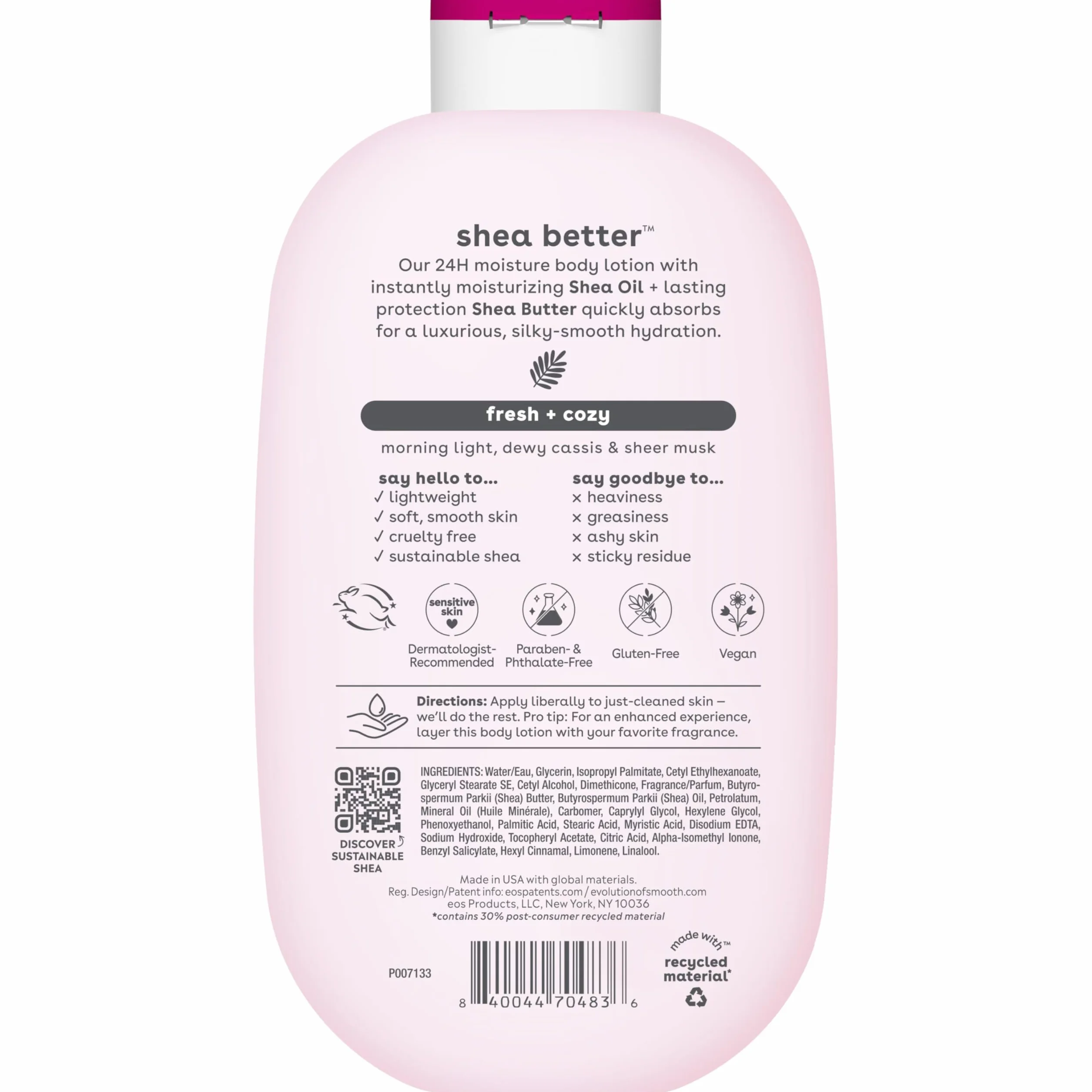eos Shea Better balsam do ciała - Fresh & Cozy, nawilżający balsam do pielęgnacji skóry 24-godzinnej, lekki i nietłusty, wyprodukowany z naturalnej Shea, wegański, 473 ml