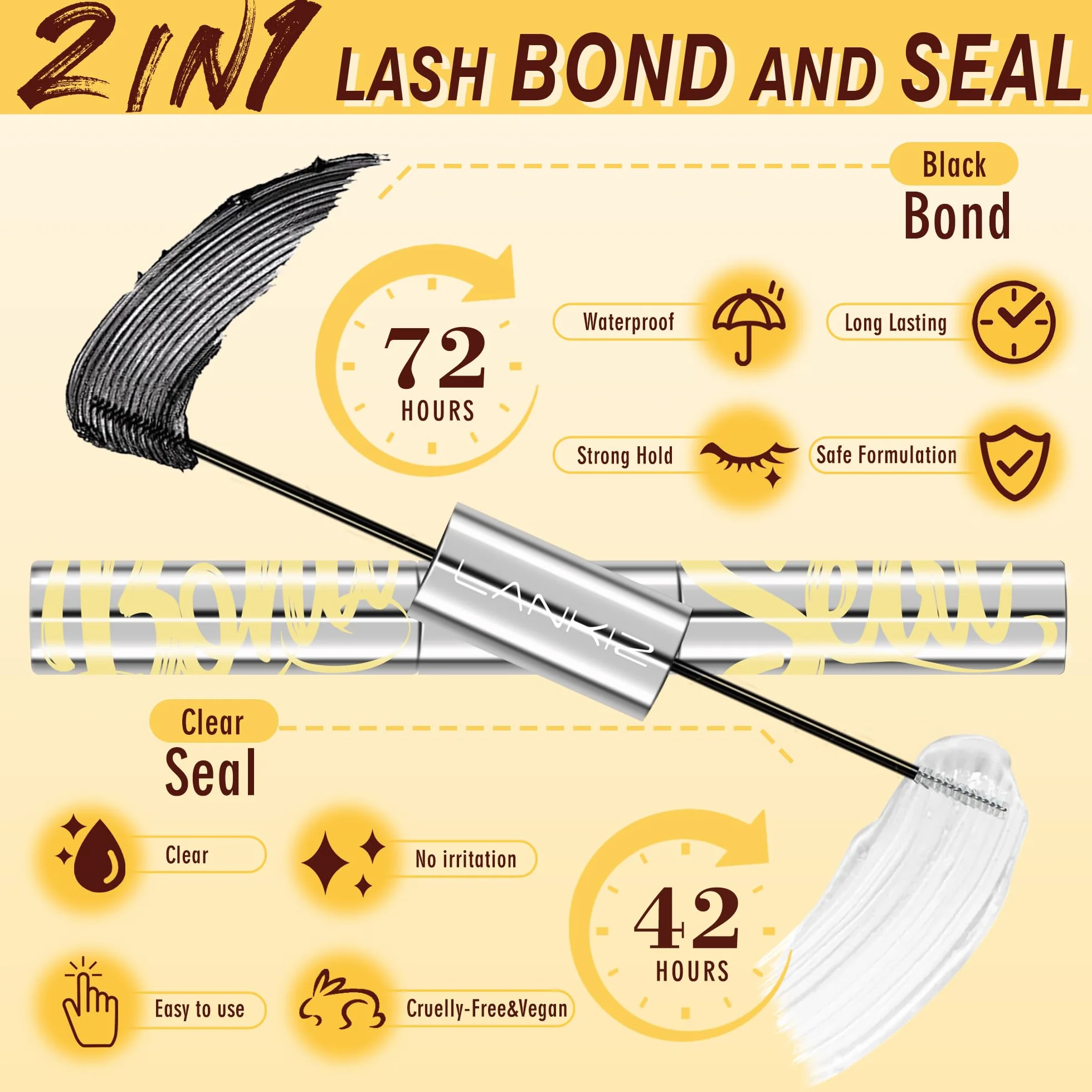 Klej do rzęs Bond and Seal i zestaw do usuwania, LANKIZ klej do rzęs 7-dniowy trwały czarny wodoodporny mocny do DIY klastrowych extensionów, środek do usuwania kleju do rzęs