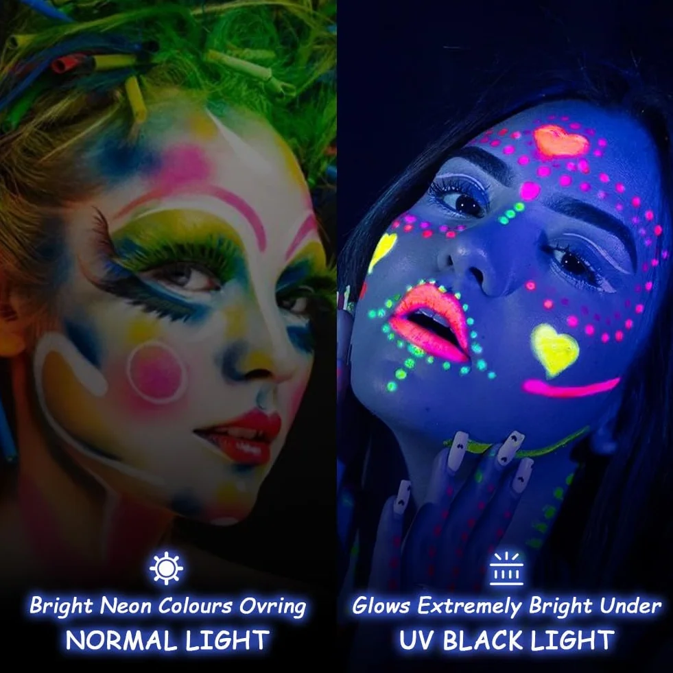 LOPHE Zestaw farb fluorescencyjnych, 6 x 30 ml, obraz z blaskiem UV, kolorowy neonowy zestaw do twarzy i ciała, Halloween, Boże Narodzenie, A