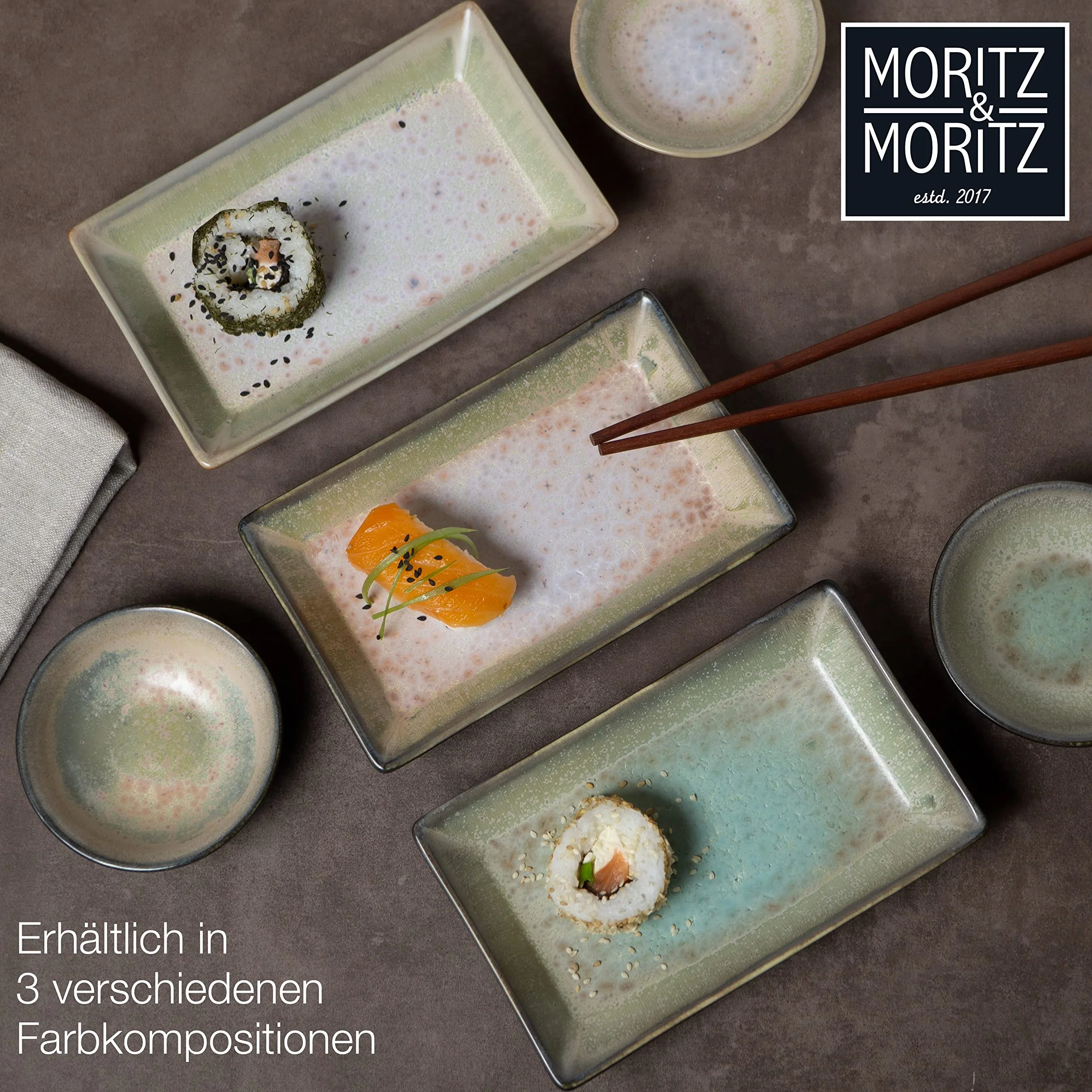 Moritz & Moritz 4-częściowy zestaw naczyń do sushi dla 2 osób – zestaw do serwowania sushi z 2 talerzami do sushi i 2 miseczkami do dipów – beżowo-fioletowy z reaktywną glazurą