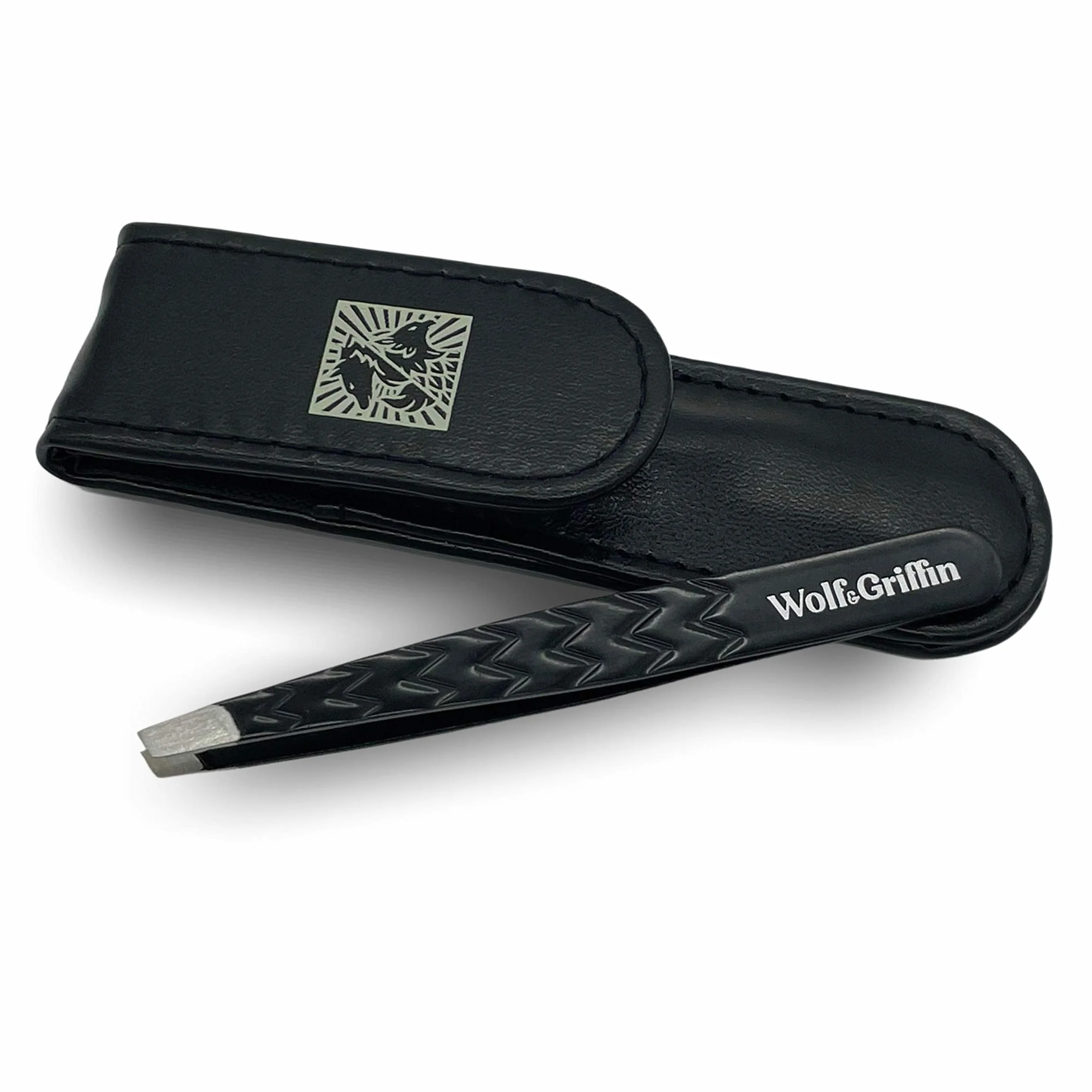 Wolf & Griffin Black Edition Ultimate Precision Pinceta z etui, stal nierdzewna z czarną powłoką, profesjonalna pęseta do brwi dla mężczyzn i kobiet
