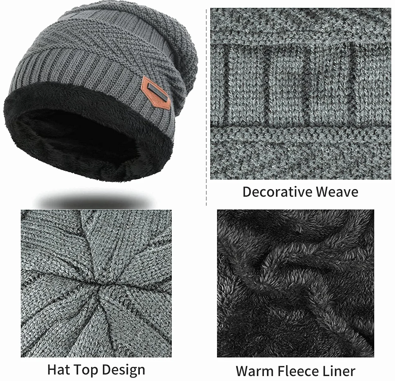 Zimowa czapka beanie, zestaw szalików, podszewka z polaru, ciepła dzianinowa czapka i ocieplacz na szyję, zimowa outdoorowa czapka narciarska i komin dla mężczyzn kobiet, szary, Rozmiar uniwersalny