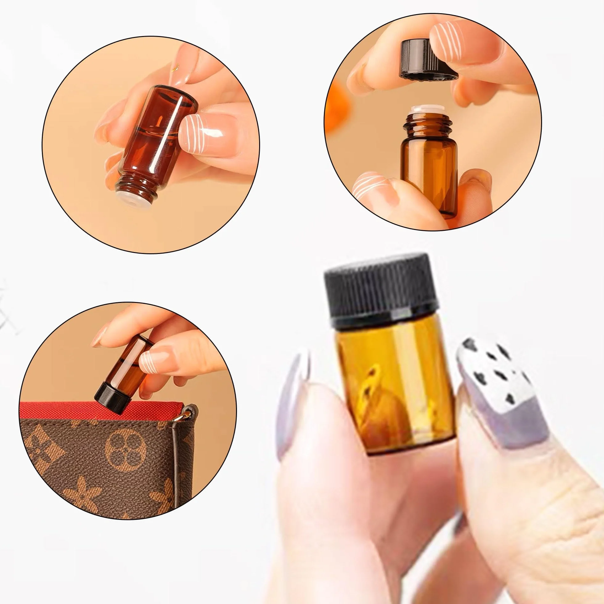 100 sztuk mini butelek szklanych z brązowego szkła 1 ml, w zestawie z pędzlem, przecinakiem do koralików, słomką i naklejkami, mini brązowe puste szklane butelki na olejki eteryczne z Orifice, do