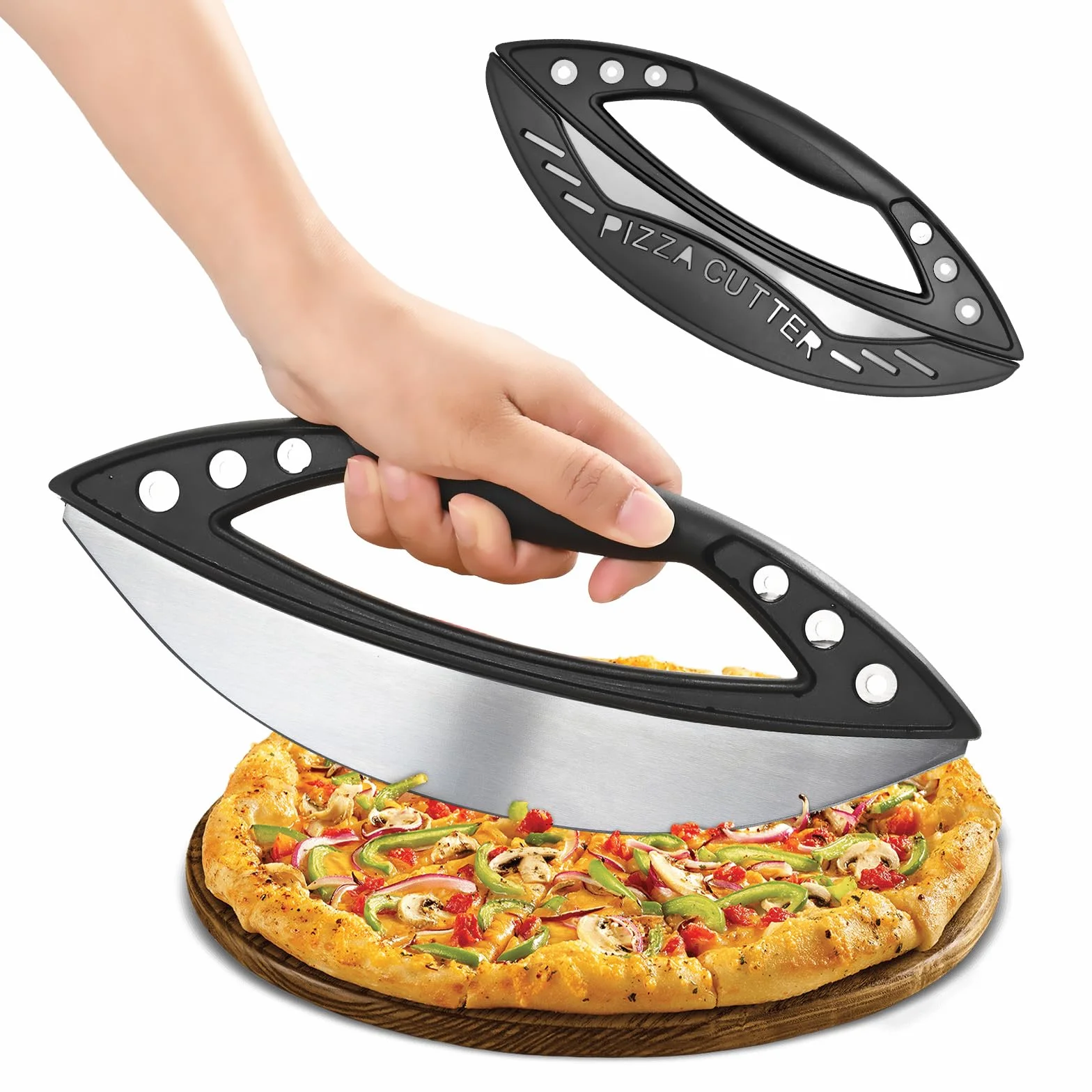 Foremka do pizzy premium, ostrze ze stali nierdzewnej 29 cm, z pokrowcem ochronnym i 6-otworowym narzędziem do usuwania ziół, antypoślizgowy uchwyt do pizzy, chleba, ciasta, łatwy do