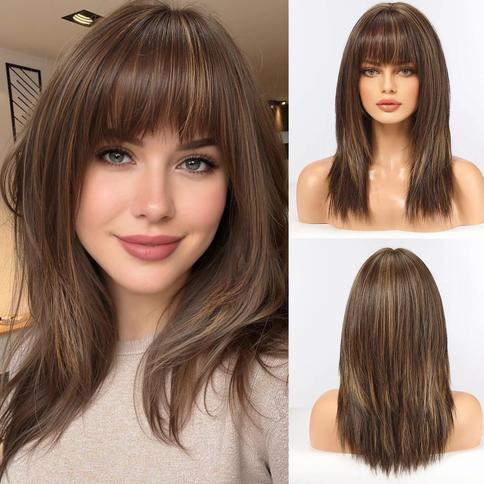 HAIRCUBE Peruka dla kobiet, proste peruki dla kobiet, długość do ramion, brązowe syntetyczne peruki z grzywką, codzienne peruki do cosplayu