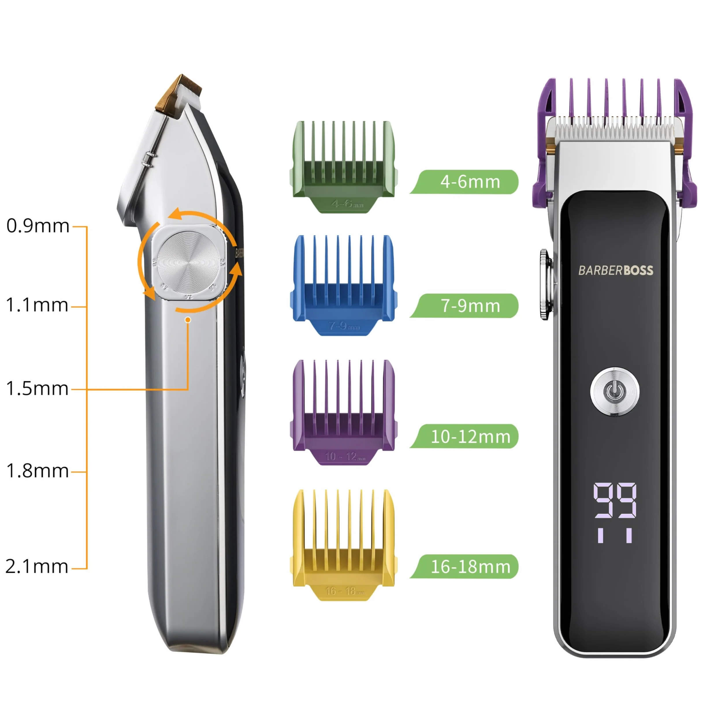 BarberBoss Profesjonalny trymer do twarzy do brody i włosów, kompaktowa konstrukcja, precyzyjne pokrętło, 2 ustawienia prędkości, ładowanie USB, ostrze ceramiczne i tytanowe, wyświetlacz LED, QR-2089