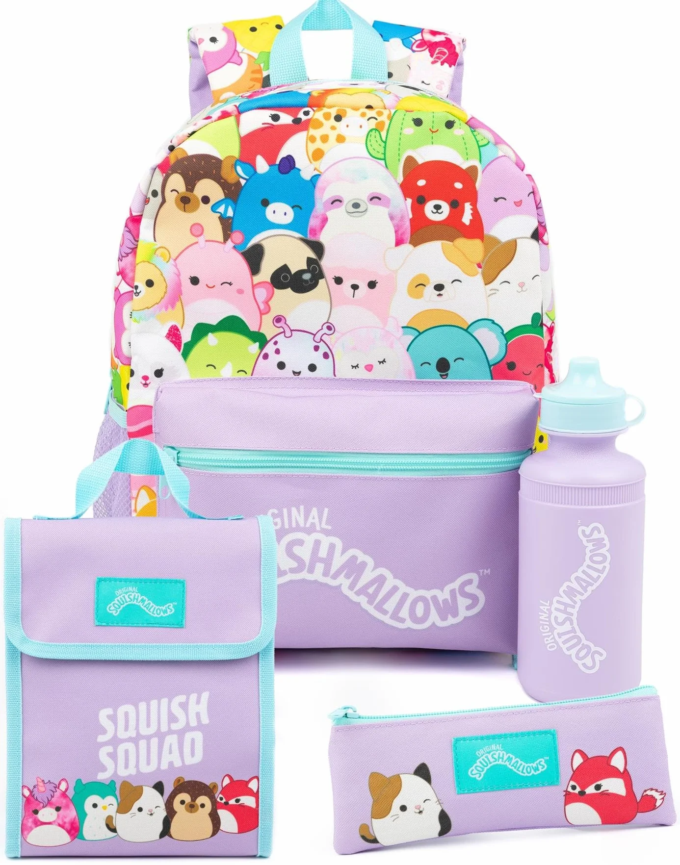 Squishmallows Girls Backpack | Zestaw 4 elementowy z plecakiem, torbą na lunch, butelką na wodę i piórnikem | Fioletowy wzór Squishmallows dla miłośników pluszaków | Akcesoria dla zorganizowanych