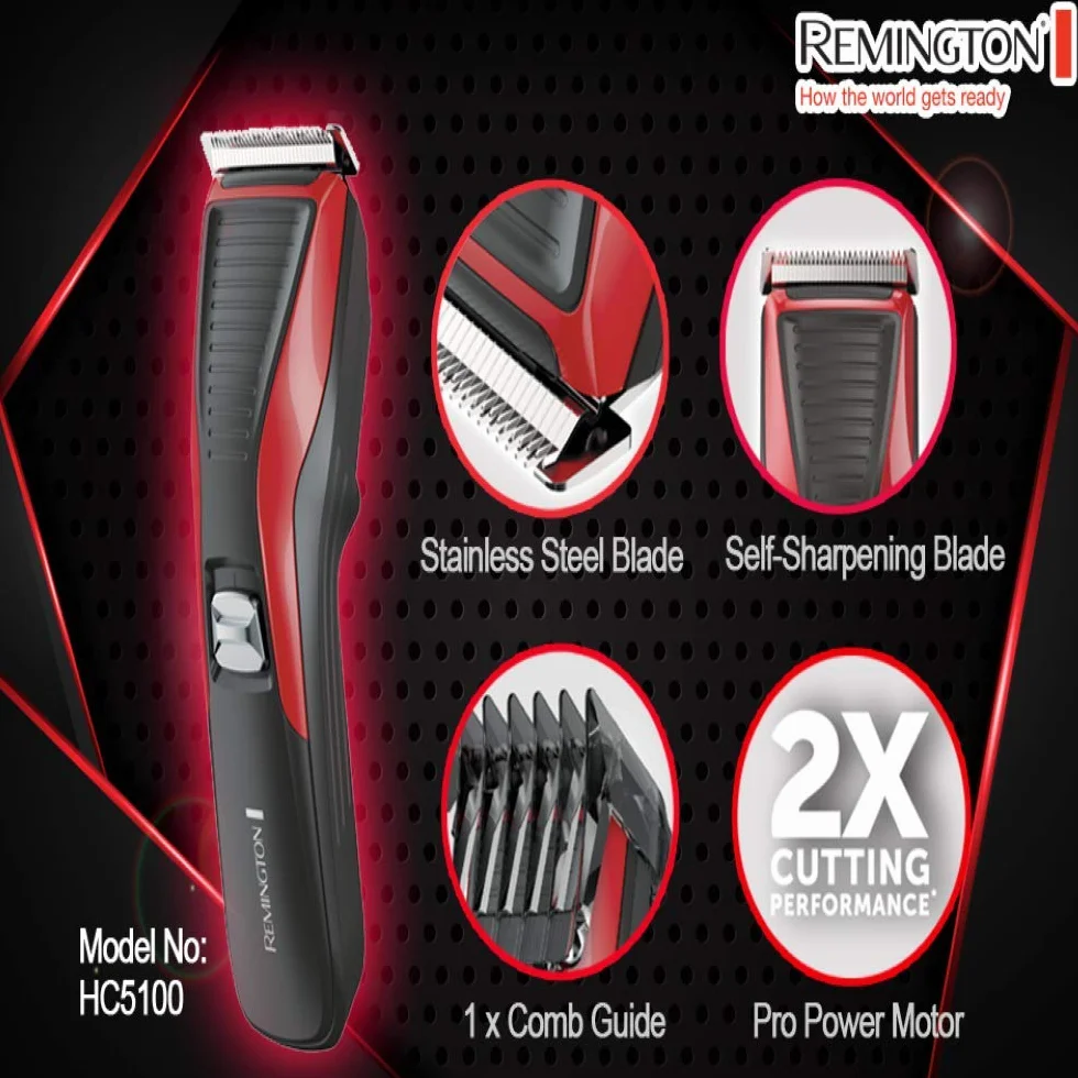 Remington maszynka do włosów, strzyżarka, samoostrzące się ostrza ze stali nierdzewnej, reg. długości 1-23mm, przewodowa, olejek i szczoteczka w zestawie, czerwona/szara, My Groom HC5100