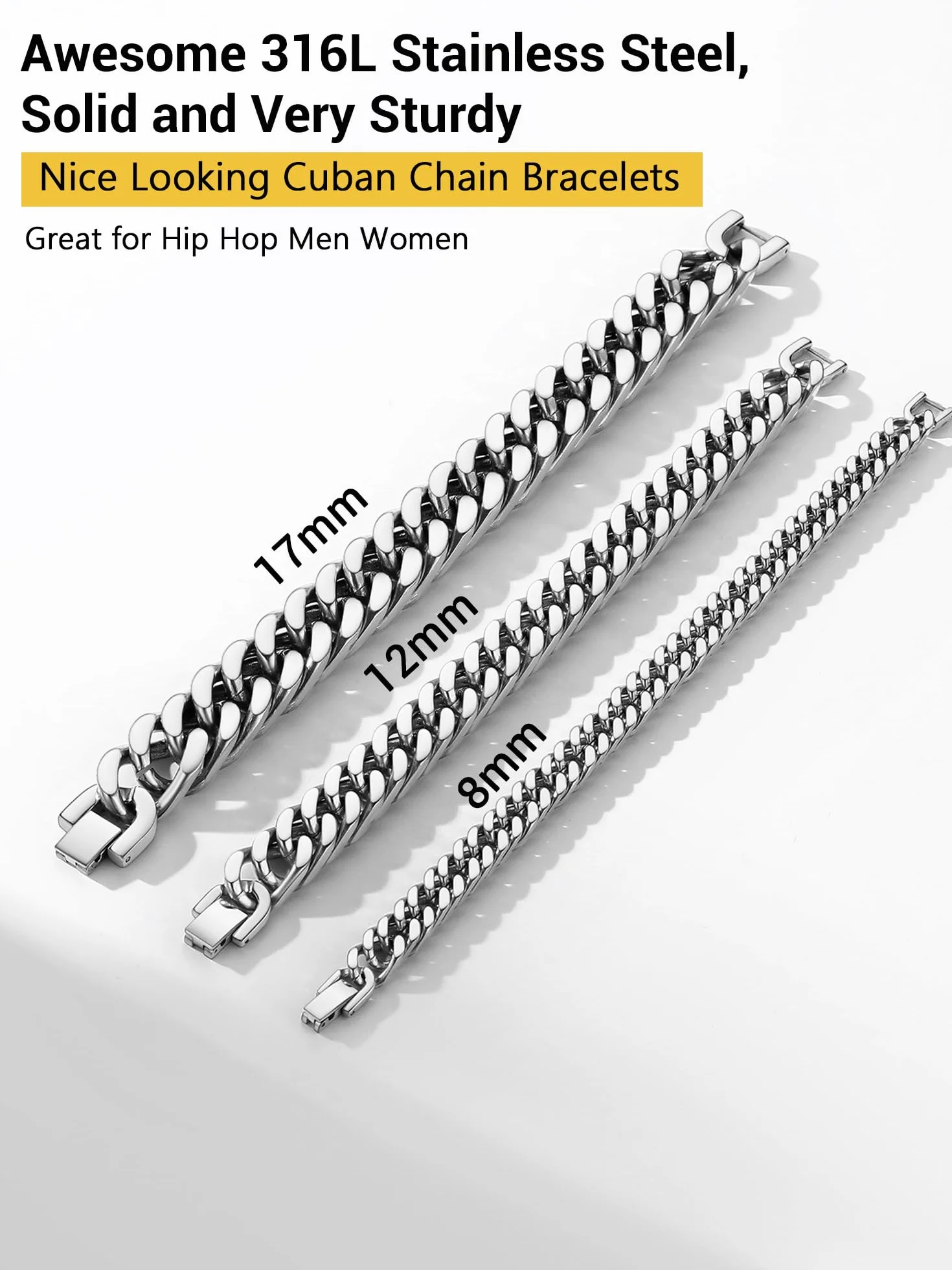 PROSTEEL Bransoletka łańcuszkowa dla mężczyzn, szerokość 17 mm, kubańska bransoletka ogniwowa, srebrna/pozłacana, czarna biżuteria hip-hopowa, 19/21/23 cm, dla mężczyzn, chłopców, z pudełkiem