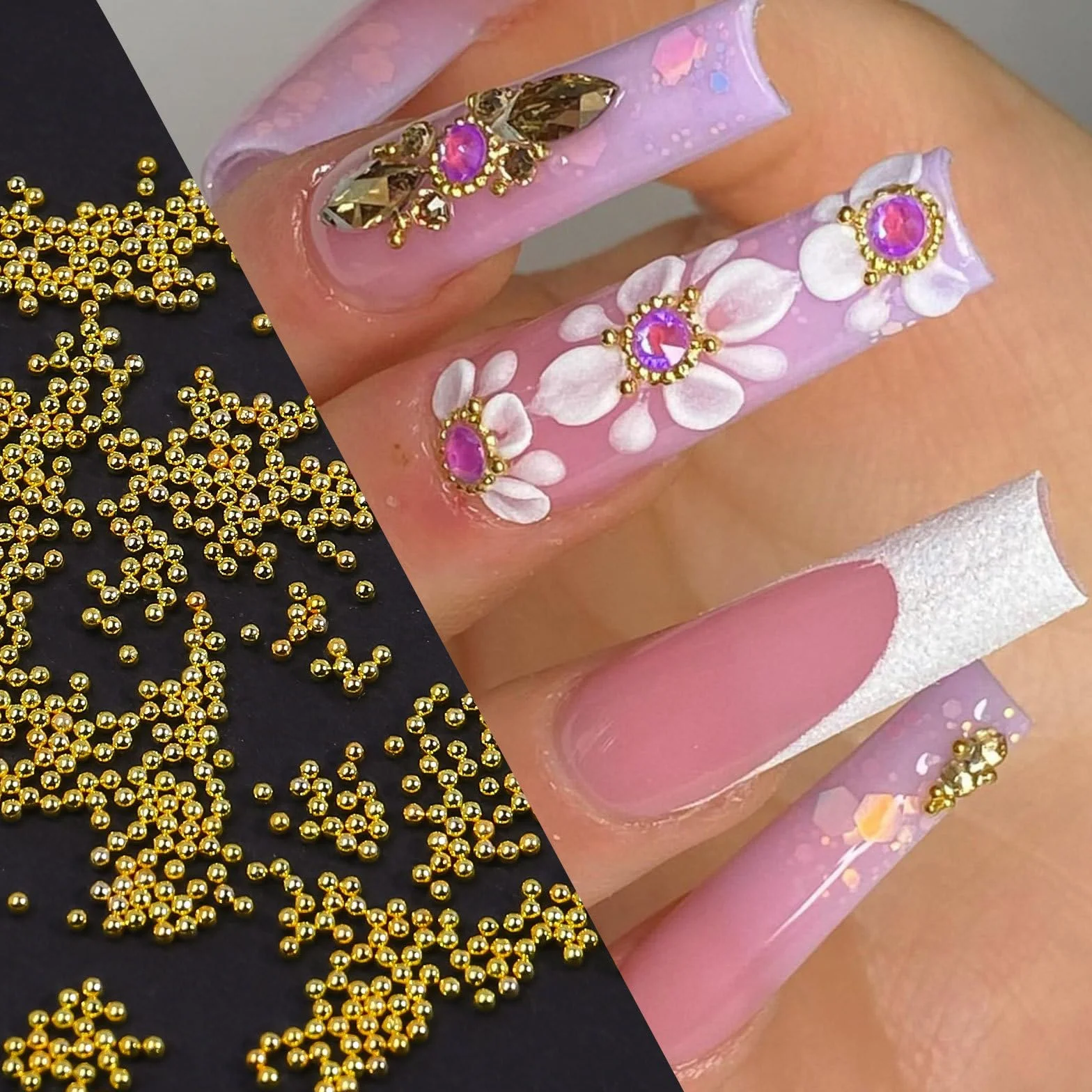 Mini koraliki do paznokci, 1-3 mm, metalowe koraliki kawiorowe, srebrne i złote, koraliki do zdobienia paznokci, mikrokawior do paznokci, cyrkonie do dekoracji manicure