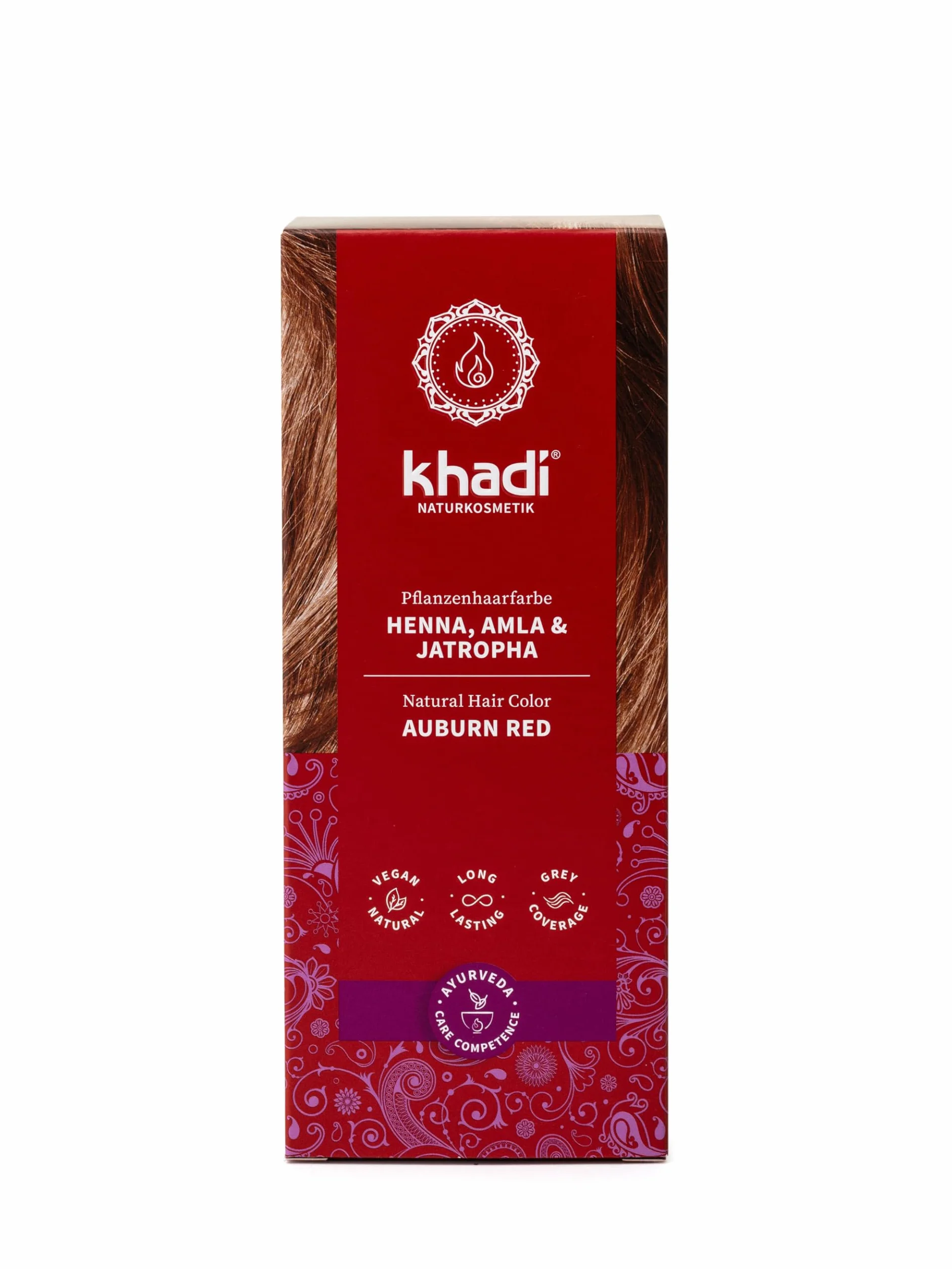 khadi HENNA, AMLA & JATROPHA roślinna farba do włosów, Nadaje włosom głęboki, aksamitny blask ciemnej czerwieni, W 100% roślinna, naturalna i wegańska, Certyfikowany kosmetyk naturalny, 100g