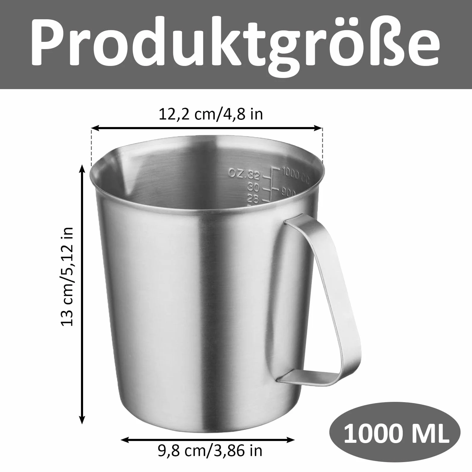 Kubek z miarką 1 l, ze stali nierdzewnej, dzbanek na mleko, kubek z miarką, dzbanek na mleko, wodę, lemoniadę, koktajle i soki