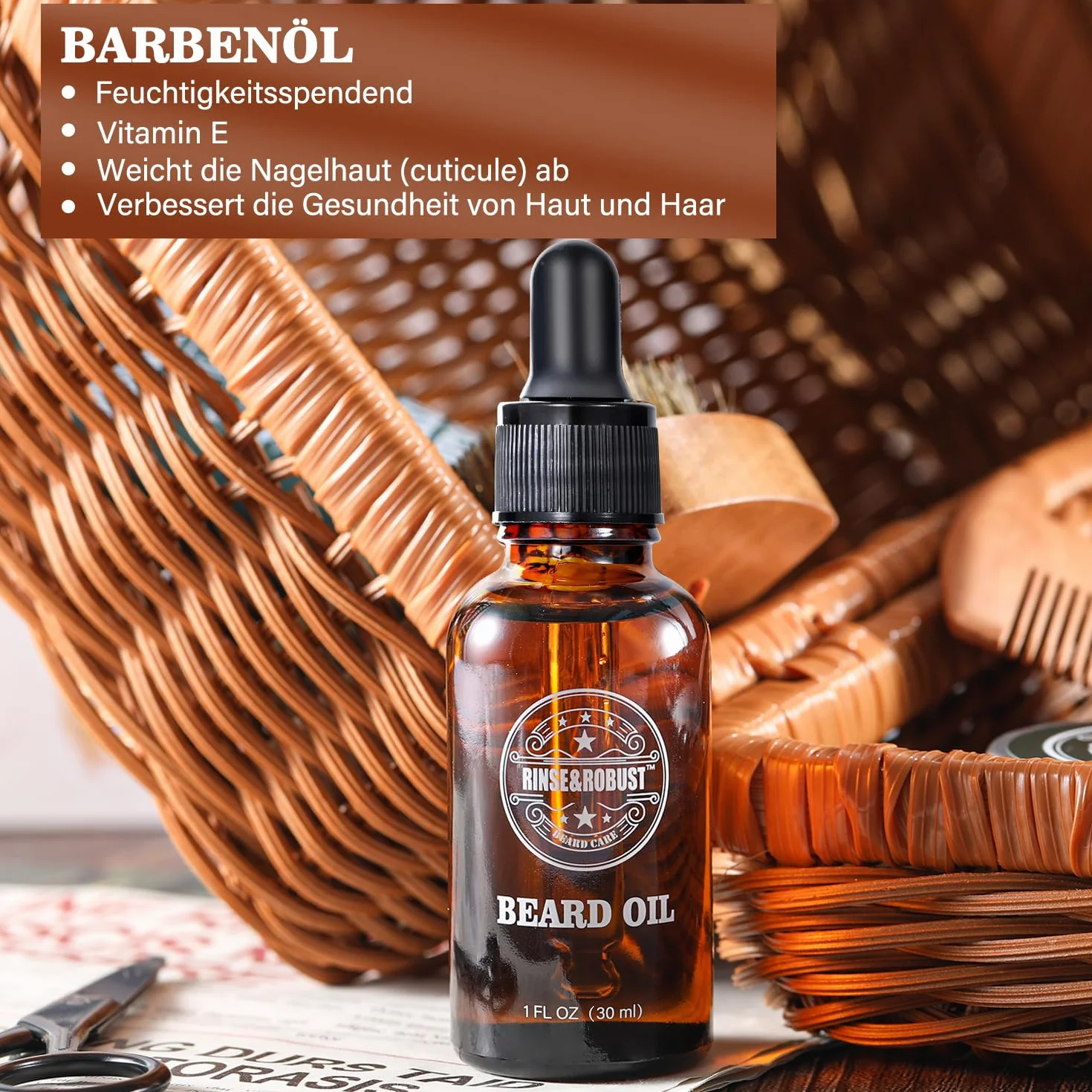 Rinse&Robust 8-częściowy zestaw do pielęgnacji brody z torbą podróżną, zapachem eukaliptusa, szczotką, grzebieniem, nożyczkami do brody, szamponem do brody
