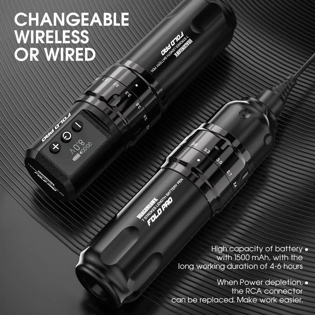 Dragonhawk Fold Pro Wireless Tattoo Machine Pen with 7 Strokes Length 2.4-4.2mm, 1500mAh Battery for Professional Tattoo Artists