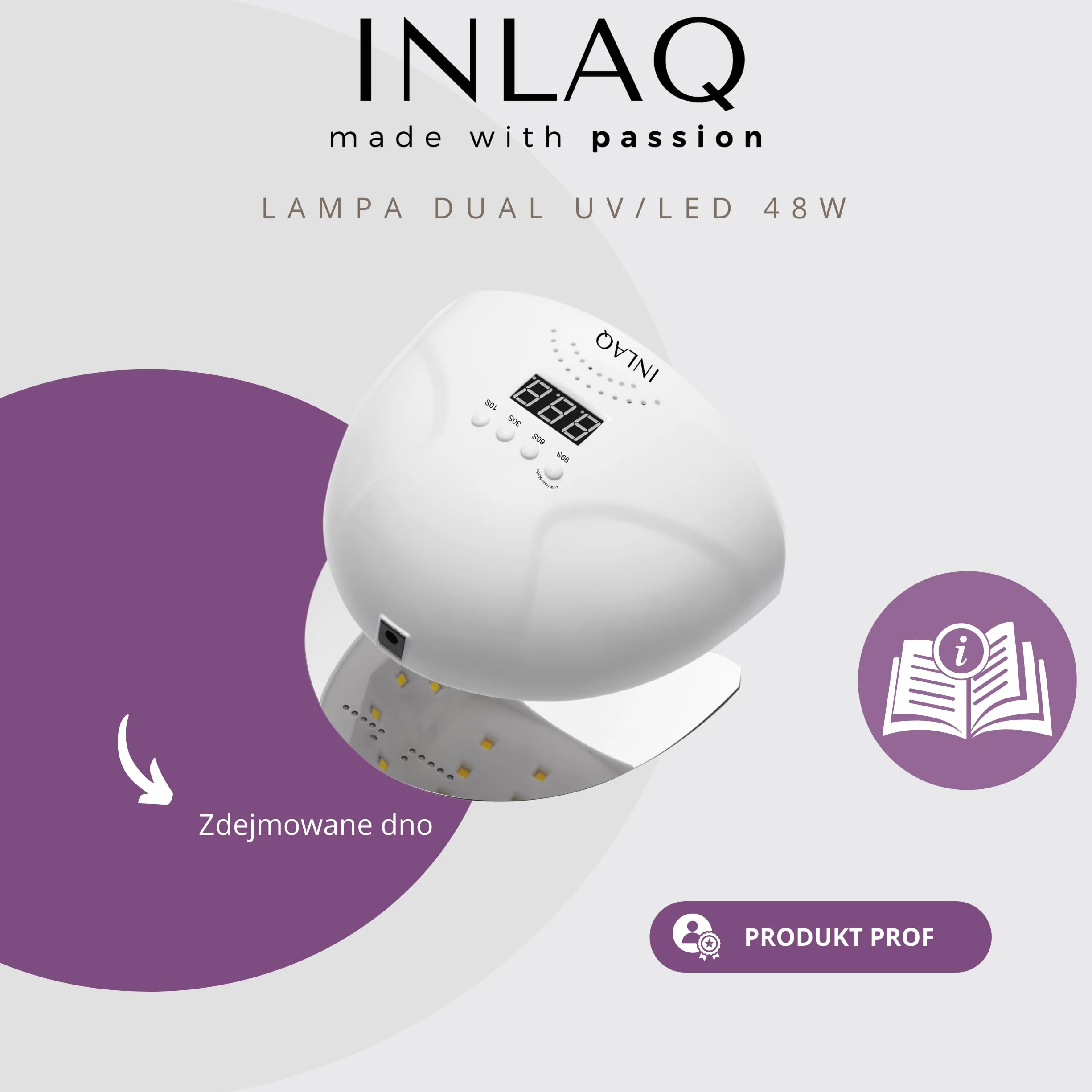 INLAQ lampa Dual UV/LED do paznokci hybrydowych 48 W biała wyświetlacz LCD trzy tryby