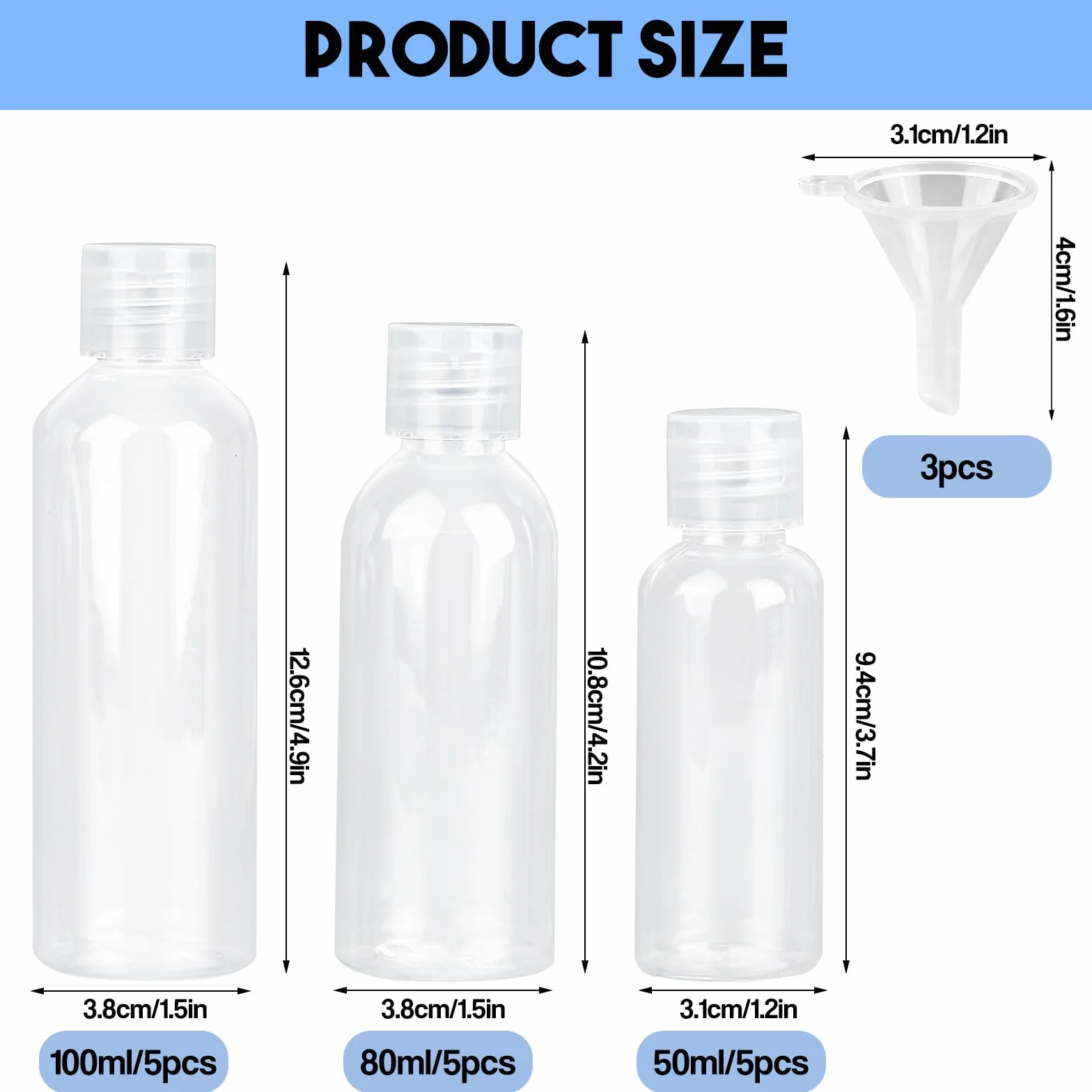 15 sztuk zestaw butelek podróżnych, pojemniki podróżne o pojemności 50 ml, 80 ml, 100 ml, pojemniki podróżne na płyny z 3 lejkami, małe plastikowe butelki do napełnienia na szampon, odżywkę, podróże