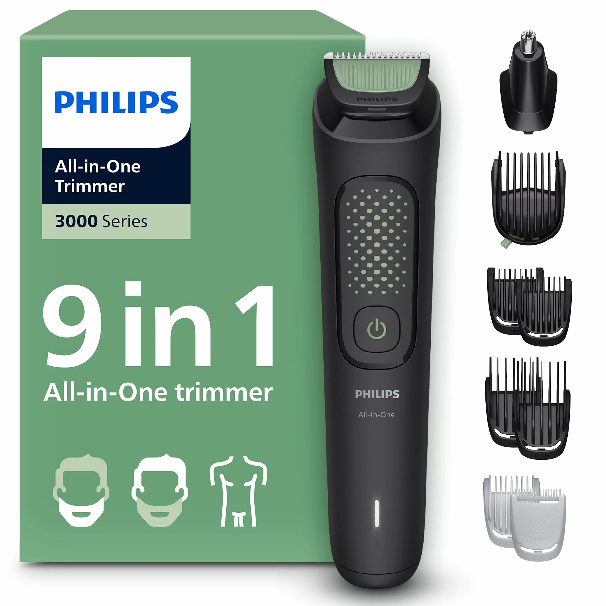 Philips Multigroom All-in-One z serii 3000: 9-elementowy trymer do twarzy, głowy i ciała, samoostrzące się, przyjazne dla skóry ostrza, 12 ustawień długości, model MG3946/15