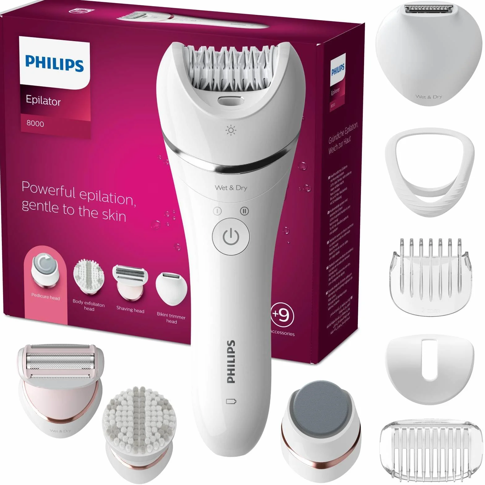 Philips Depilator z serii 8000, bezprzewodowy depilator na mokro i na sucho do nóg i ciała z 9 akcesoriami, golarką, trymerem, pilnikiem do pedicure i szczoteczką złuszczającą, model BRE740/10
