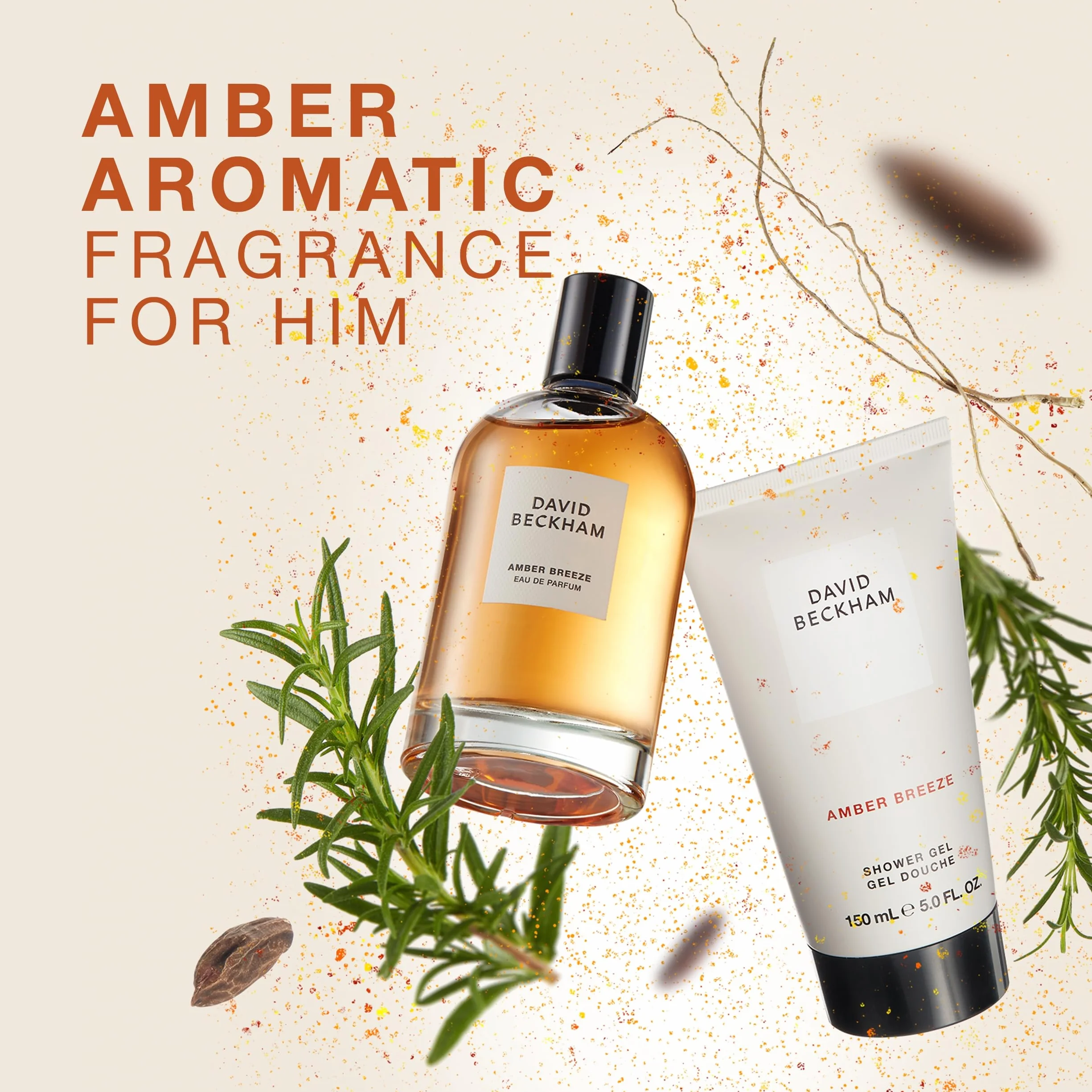 David Beckham Pudełko prezentowe Amber Breeze, woda perfumowana 100 ml i żel pod prysznic 150 ml, aromatyczny bursztynowy zapach dla niego