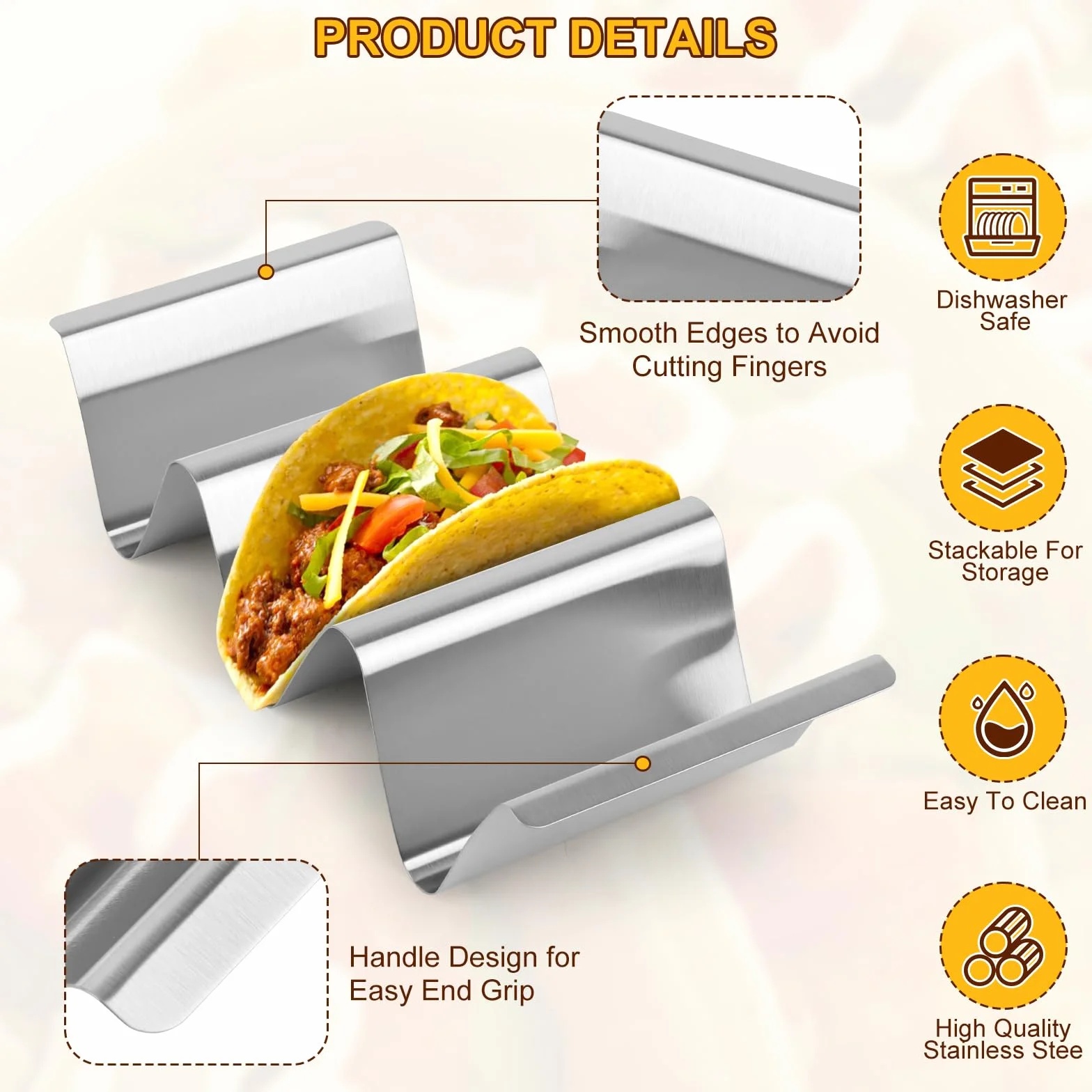 4-częściowy zestaw uchwytów Tacos ze stali nierdzewnej, tacy na Tacos, metalowe uchwyty Tacos, uchwyt Taco ze stali nierdzewnej do Tacos, uchwyty ze stali nierdzewnej do Tacos, Saucisses Grillées