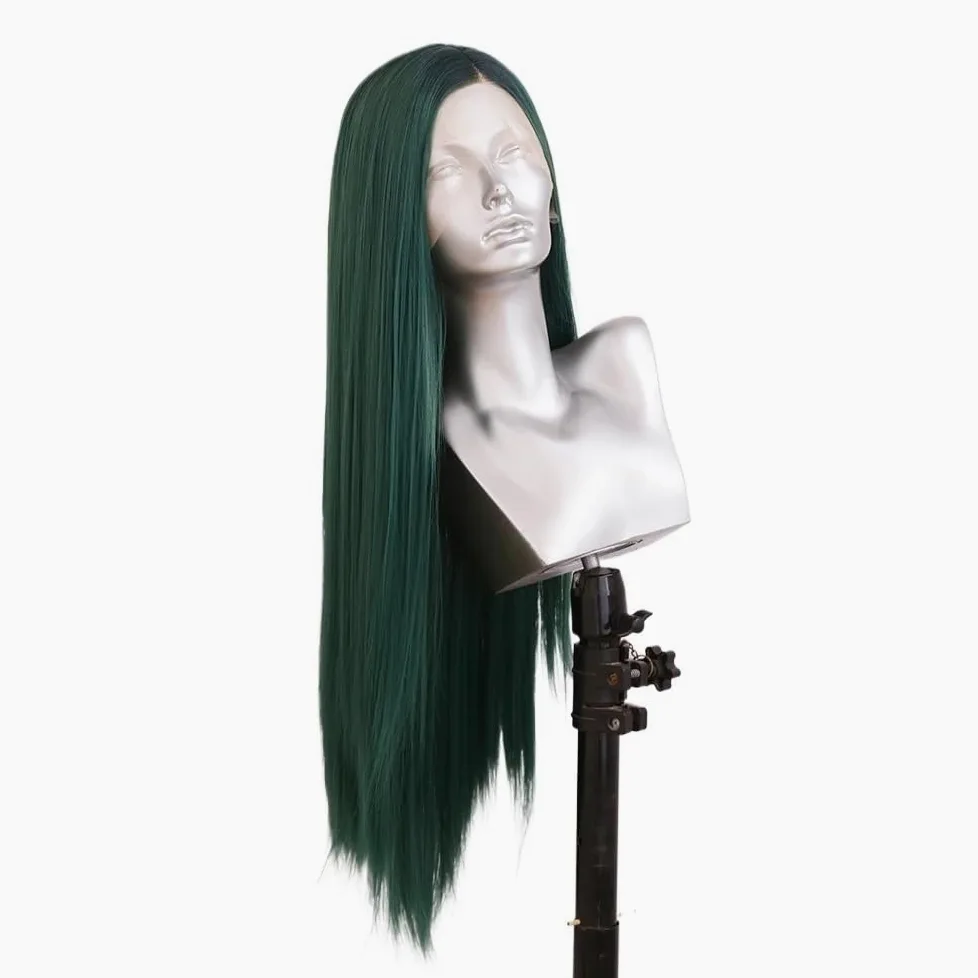 Zielone długie proste peruki dla kobiet środkowe naturalne włókna syntetyczne peruki na imprezę cosplay pełna peruka (61 cm)