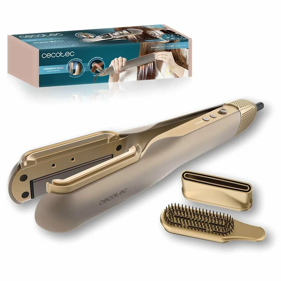 Cecotec AirLisse 2w1 ForceDry Champagne Air Prostownica do włosów, 1000 W, przepływ powietrza 19,7 m/s, 2 głowice z magnesem, bez puszenia się, funkcja plazmowa, silnik szczotkowy, 4 temperatury i 2