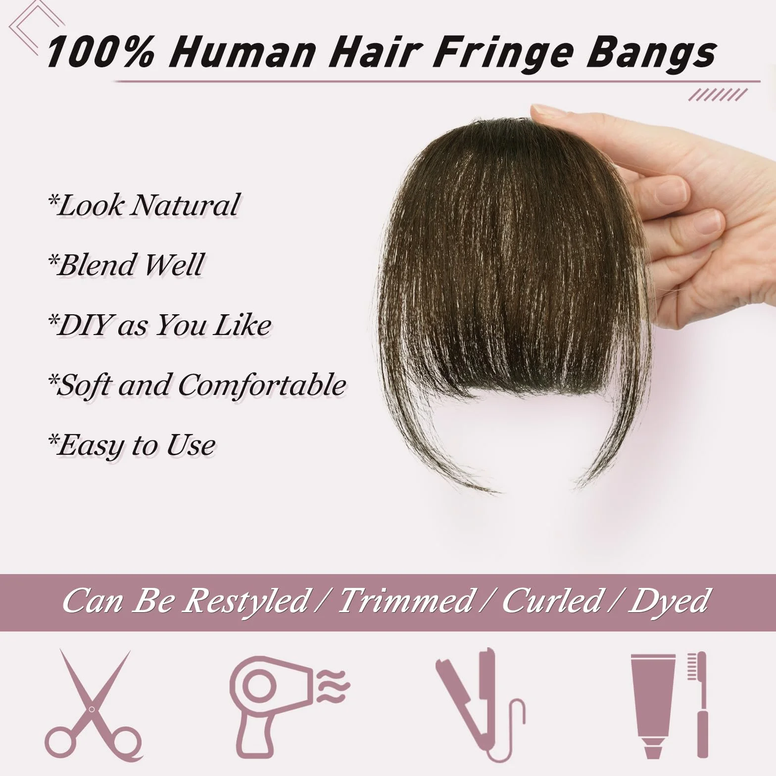 RUWISS Frędzle z naturalnych włosów z grzywką - Frontal Frontal Extension 100% ludzkie włosy - grzywka do włosów dla kobiet (ciemny naturalny brąz)