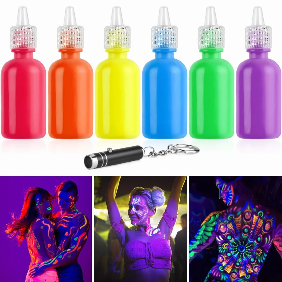 LOPHE Farba do twarzy dla dzieci, zestaw do malowania twarzy 6*30 ml, neonowa farba do twarzy z lampą UV, fluorescencyjne farby do twarzy i ciała, hipoalergiczny, makijaż UV Halloween Festival (zestaw