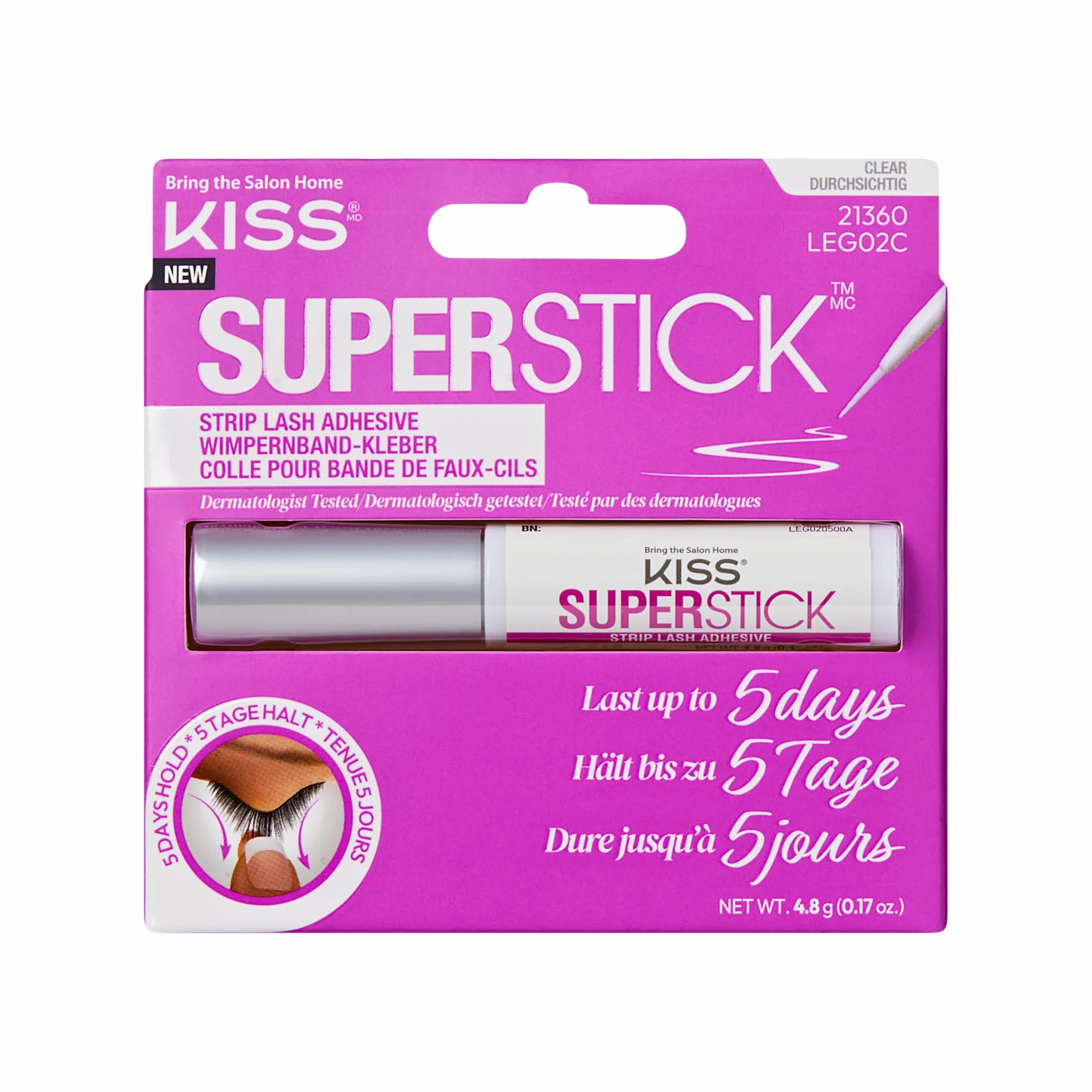 KISS Super Stick klej do rzęs, wydłużony czas noszenia 5 dni, szybkoschnący klej do rzęs, wzbogacony ekstraktem z oczaru wirginijskiego i kaktusa, aplikator pędzla, netto 4,8 g, przezroczysty