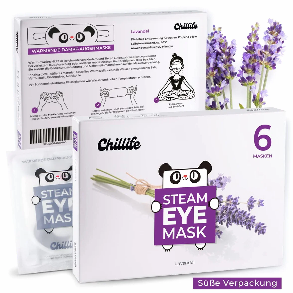 Chillife 6 maseczek na oczy o zapachu lawendy I rozgrzewająca maska na oczy do relaksu, spa, wellness, pomaga przy suchych, opuchniętych oczach i ciemnościach, maska na oczy ze wzorem panda