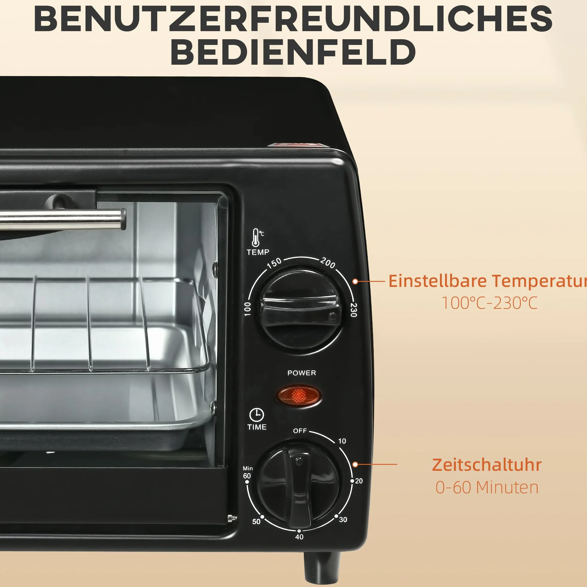 HOMCOM Mini piekarnik 10 l, 750 W, mały piekarnik elektryczny z temperaturą do 230°C, timer 60 minut, blacha do pieczenia i ruszt 36,5 x 26 x 22 cm, czarny