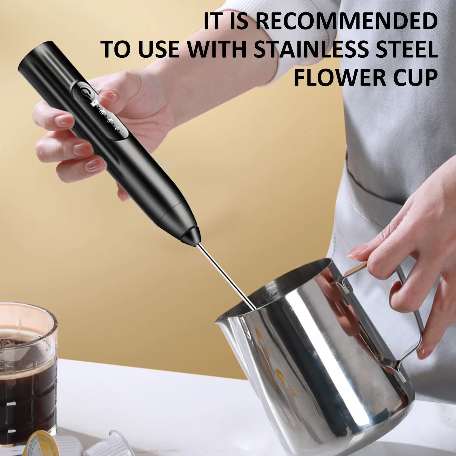 Ręczny elektryczny spieniacz do mleka, ładowany przez USB, mini przenośny blender do napojów, 3 regulowane poziomy do cappuccino, latte, kawy mlecznej, gorącej czekolady
