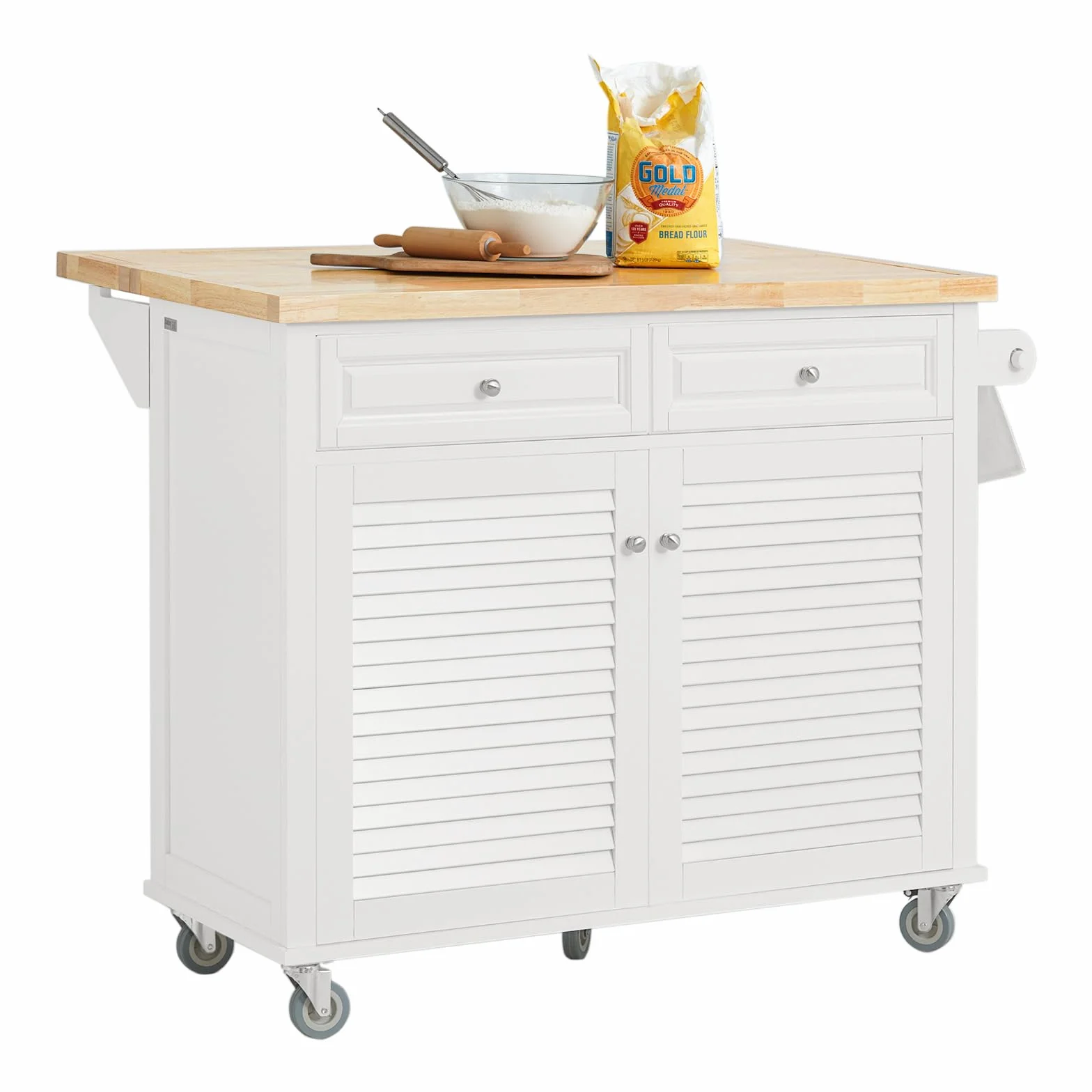 SoBuy FKW84-II-WN Wyspa Wózek kuchenna na kółkach Stół jadalni,Składany blat Stół Barowy na Kółkach,115x 94 x 43-71 cm (FKW84-II-WN)