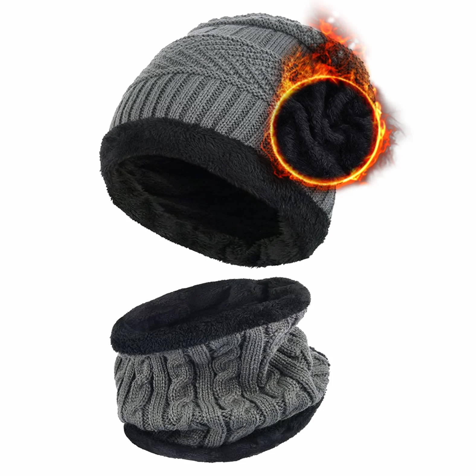 Zimowa czapka beanie, zestaw szalików, podszewka z polaru, ciepła dzianinowa czapka i ocieplacz na szyję, zimowa outdoorowa czapka narciarska i komin dla mężczyzn kobiet, szary, Rozmiar uniwersalny