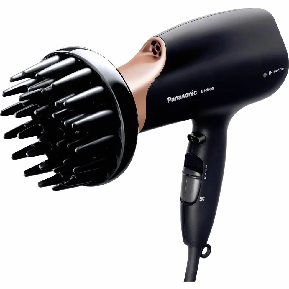 Panasonic EH-NA63 suszarka do włosów z technologią nanoe™ (2000W, 3 ustawienia prędkości, 4 temperatury, dyfuzor do suszenia loków), czarno-złota