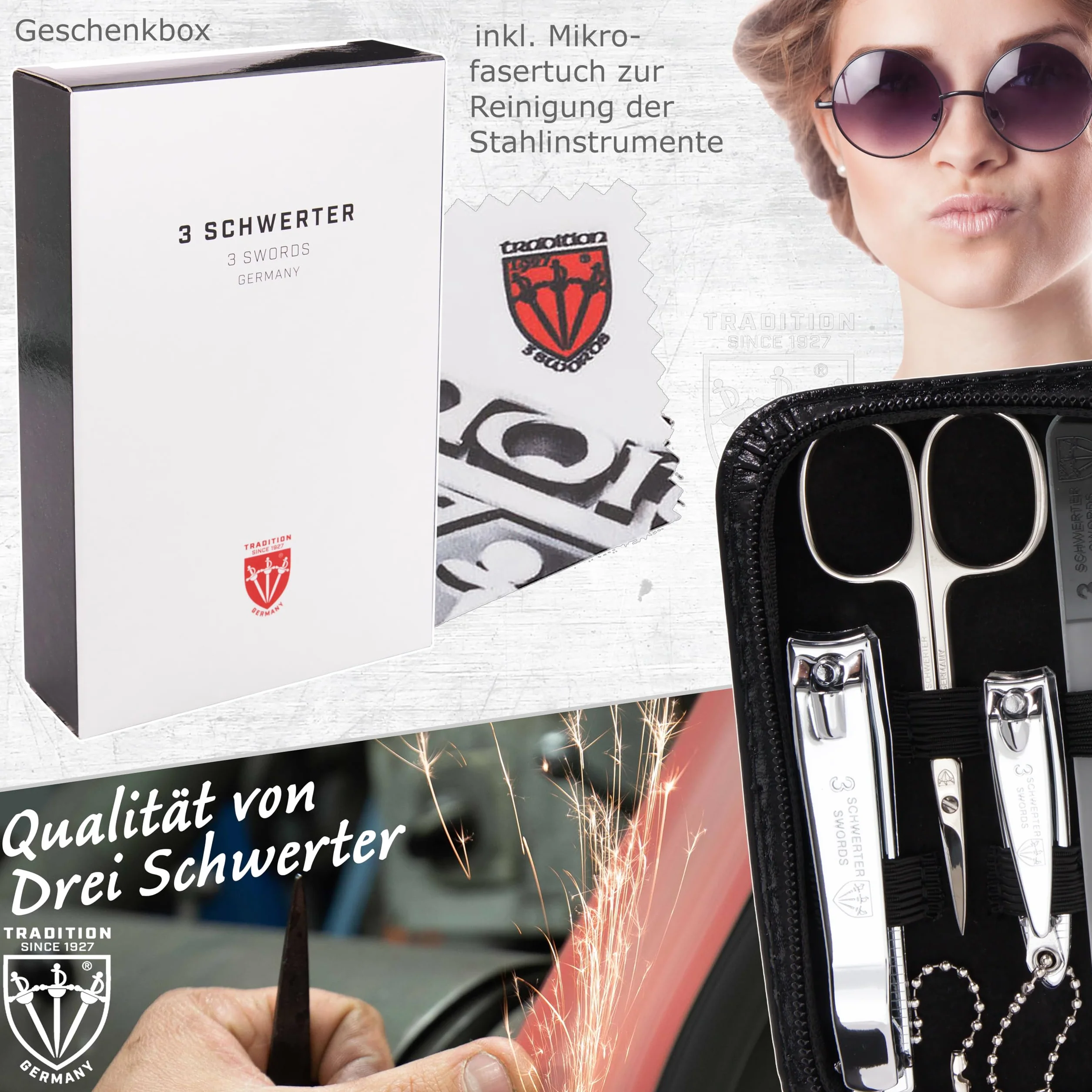 DREI SCHWERTER Zestaw do manicure Roma 8 instrumentów nożyczki do paznokci obcinacz