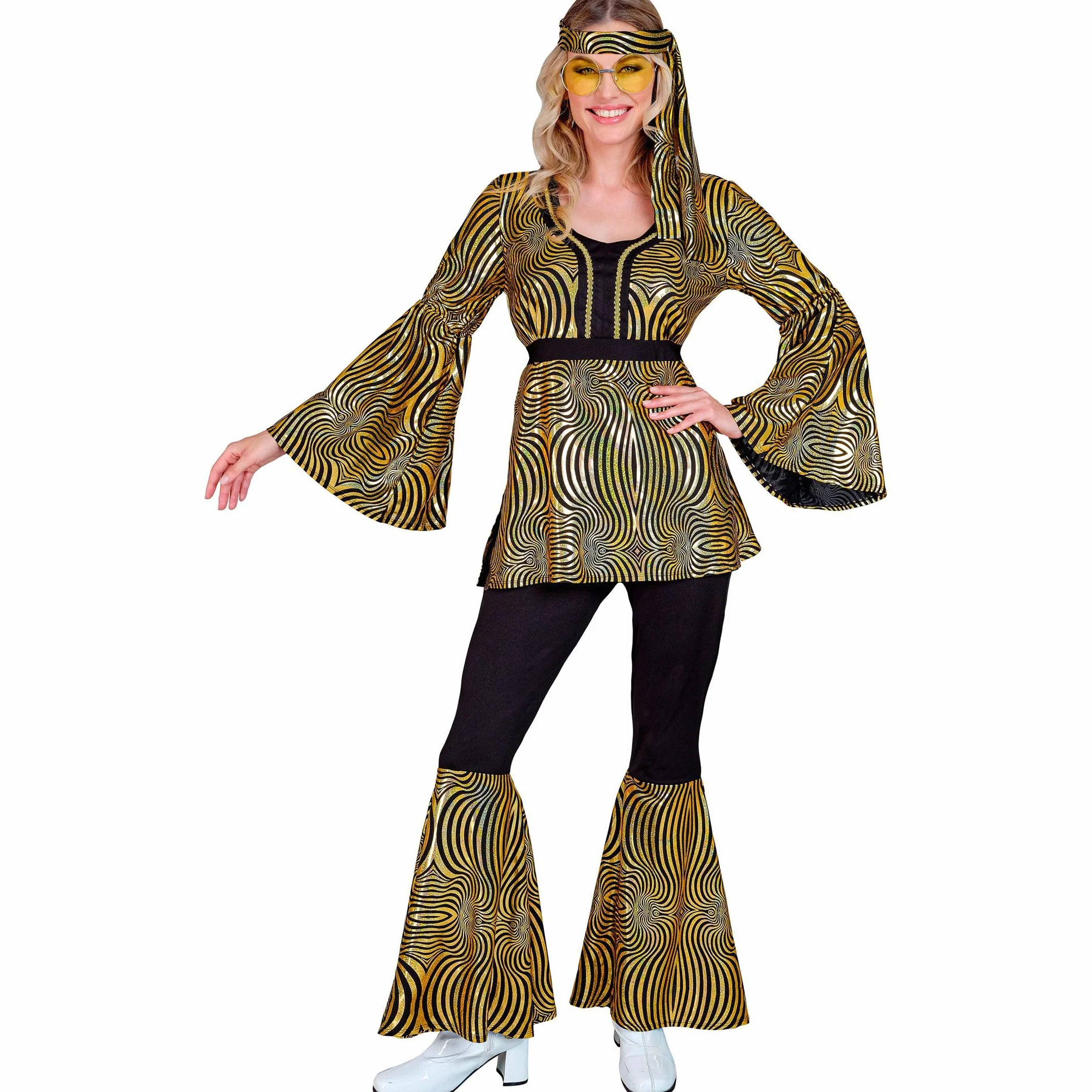 W WIDMANN MILANO Party Fashion - kostium disco dla kobiet w stylu lat 70., strój retro z bluzką, spodniami i opaską na głowę na karnawał i imprezę