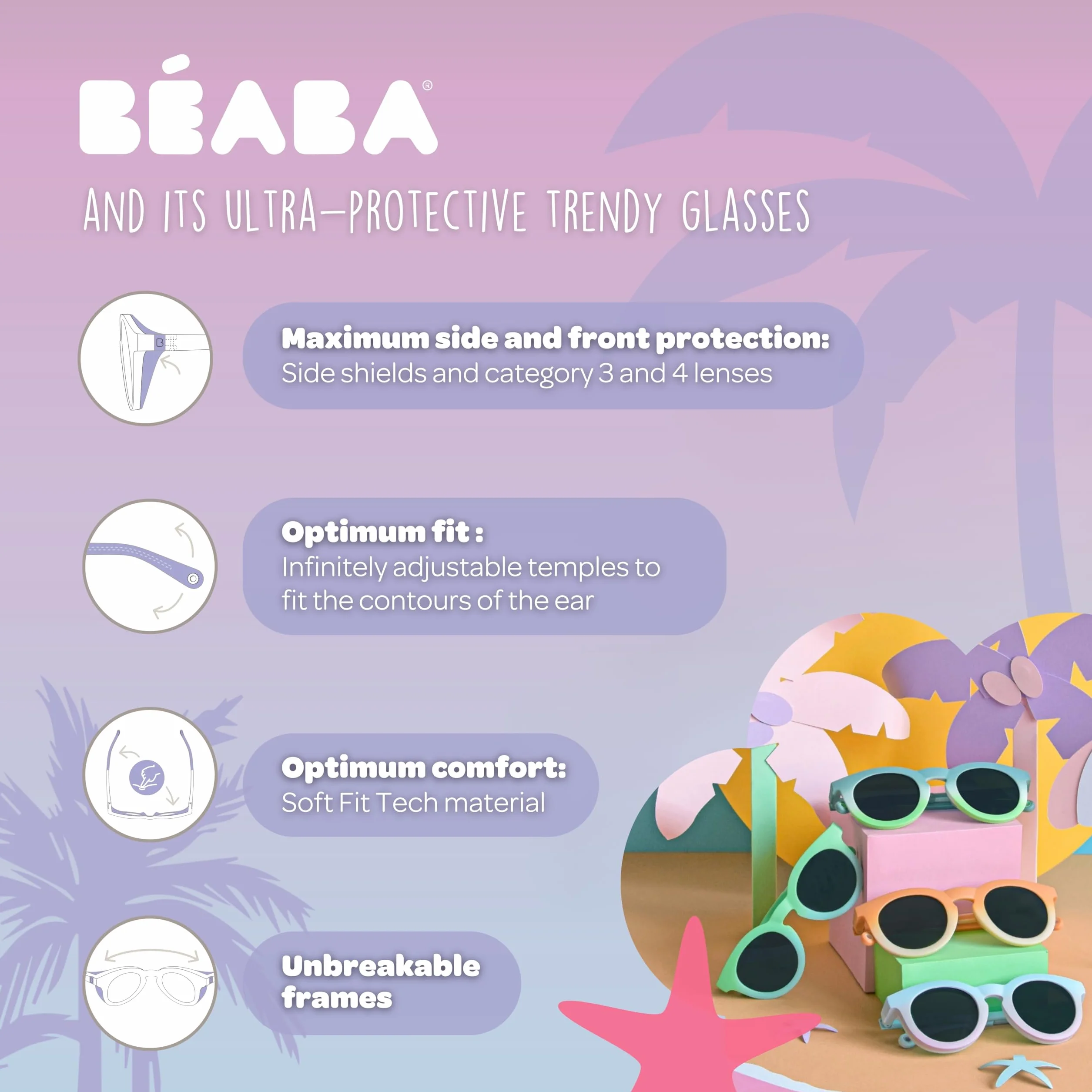 BÉABA, Dziecięce okulary przeciwsłoneczne w wieku 2-4 lata, 100% ochrona przed promieniowaniem UV - CAT 3, ochrona boku, optymalny komfort, regulowane pręty 360°, Merry, perłowy niebieski