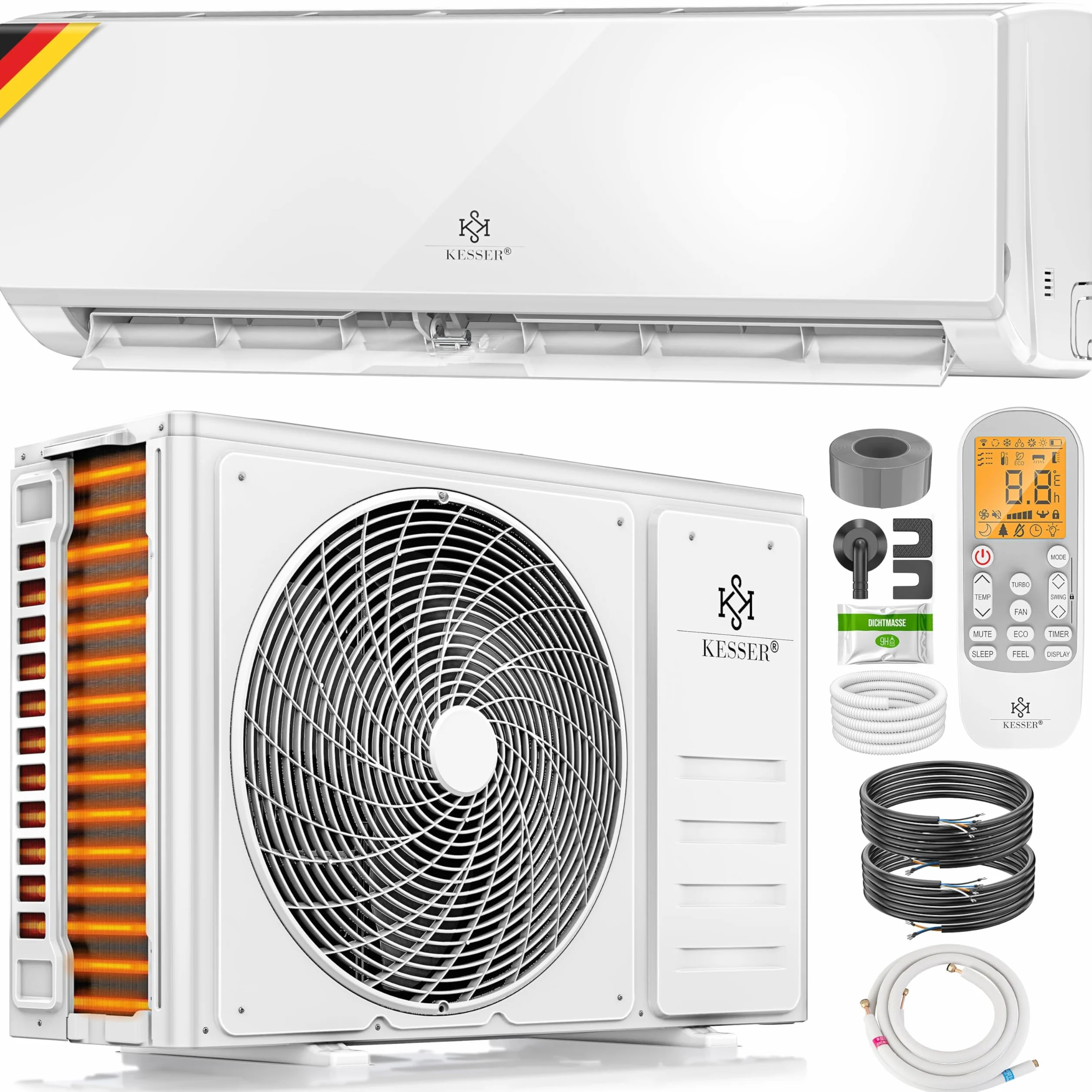 KESSER Zestaw klimatyzacji Split – z funkcją WiFi / aplikacji – chłodzenie A++/ ogrzewanie A+ – 9000 BTU/h (2600 W), bardzo cichy, czynnik chłodniczy R32 – pilot zdalnego sterowania, funkcja timera