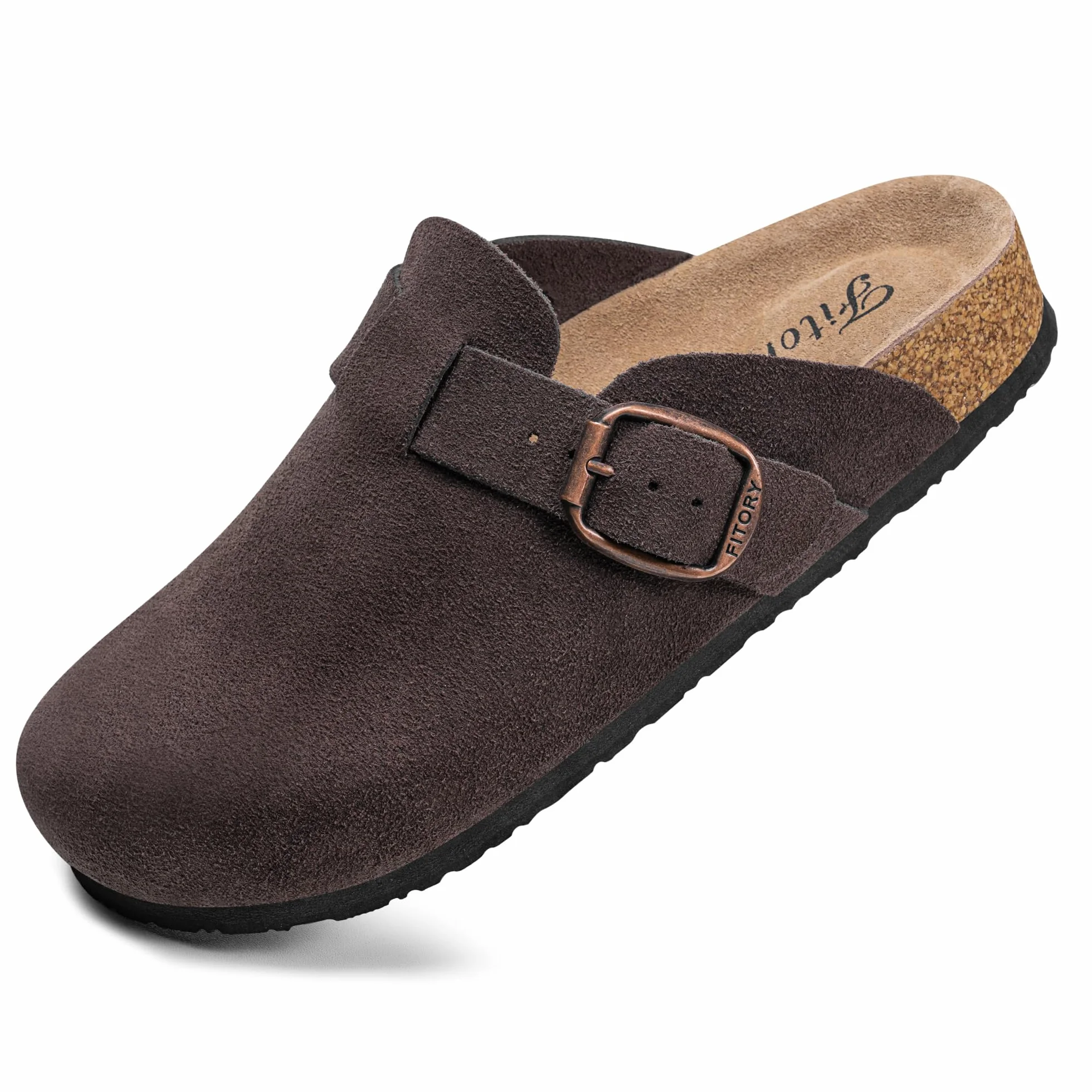 FITORY Damskie klapki z miękkiego zamszu, regulowane sandały z anatomiczną korkową wkładką, model mule, rozmiary 37–43