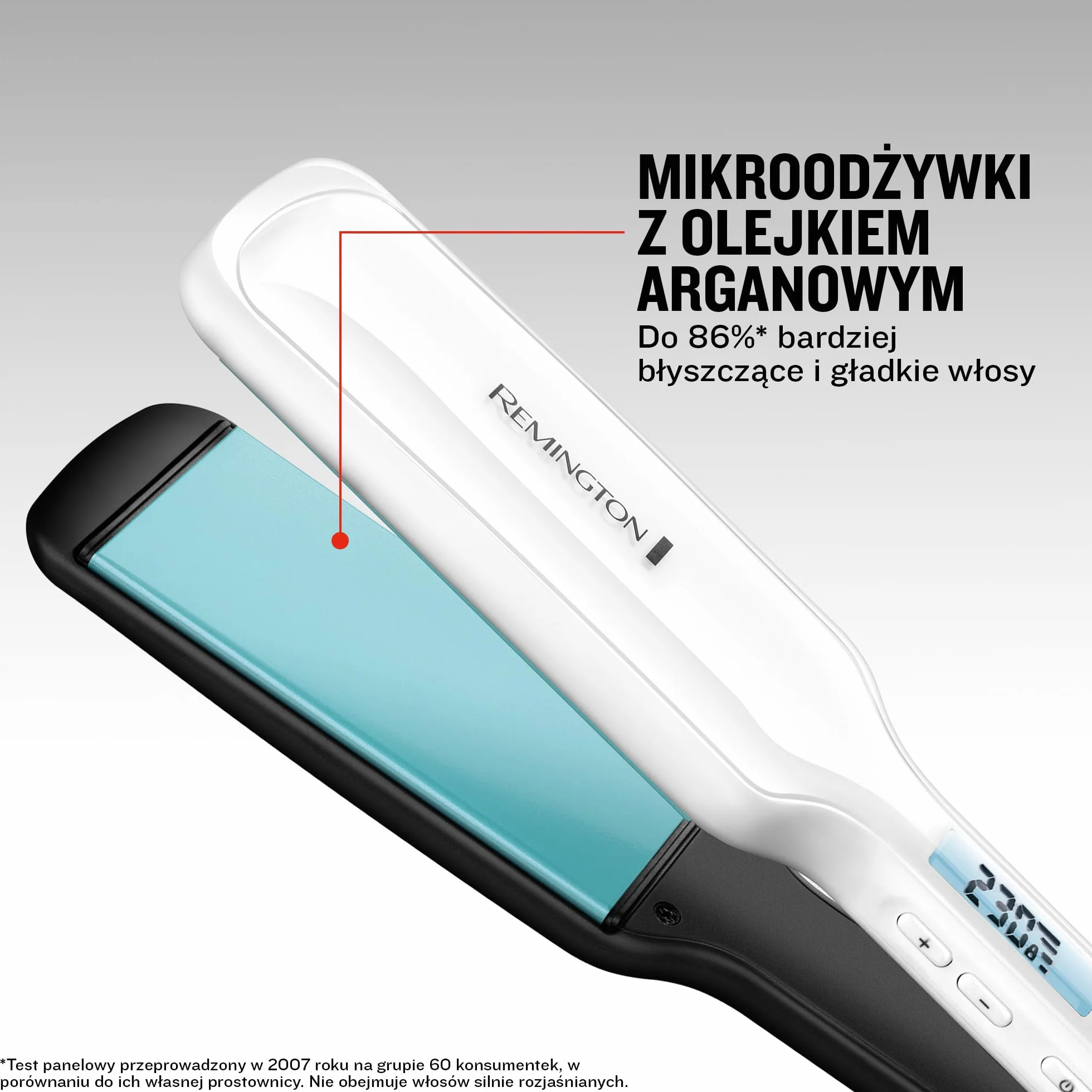 Remington prostownica do włosów, płytki ceramiczne z mikroodżywkami z marokańskim olejem, bardzo szerokie płytki, zakres temp. 150-235°C, ruchome płytki, obrotowy przewód, biała, Shine Therapy S8550