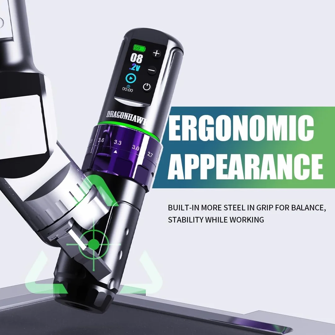 Dragonhawk L3 Wireless Tattoo Machine Pen Rotary Tattoo Gun 2000mAh 2.8mm-4.2mm Stroke 2 Batteries Purple