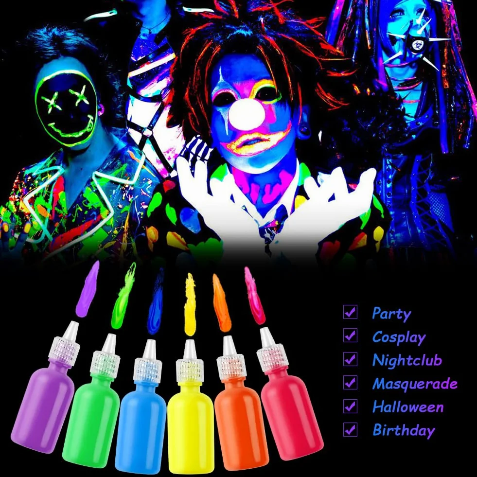 LOPHE Farba do twarzy dla dzieci, zestaw do malowania twarzy 6*30 ml, neonowa farba do twarzy z lampą UV, fluorescencyjne farby do twarzy i ciała, hipoalergiczny, makijaż UV Halloween Festival (zestaw