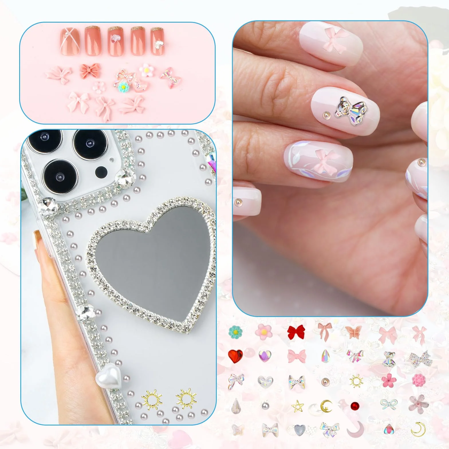 Bewudy Zestaw 500 sztuk ozdób do paznokci, dekoracja 3D, sztuczna żywica, śliczne akcesoria do manicure, kwiaty, kokardki, serca, do dekoracji paznokci, DIY (różowe), 560715_2_7ZHX175TZ