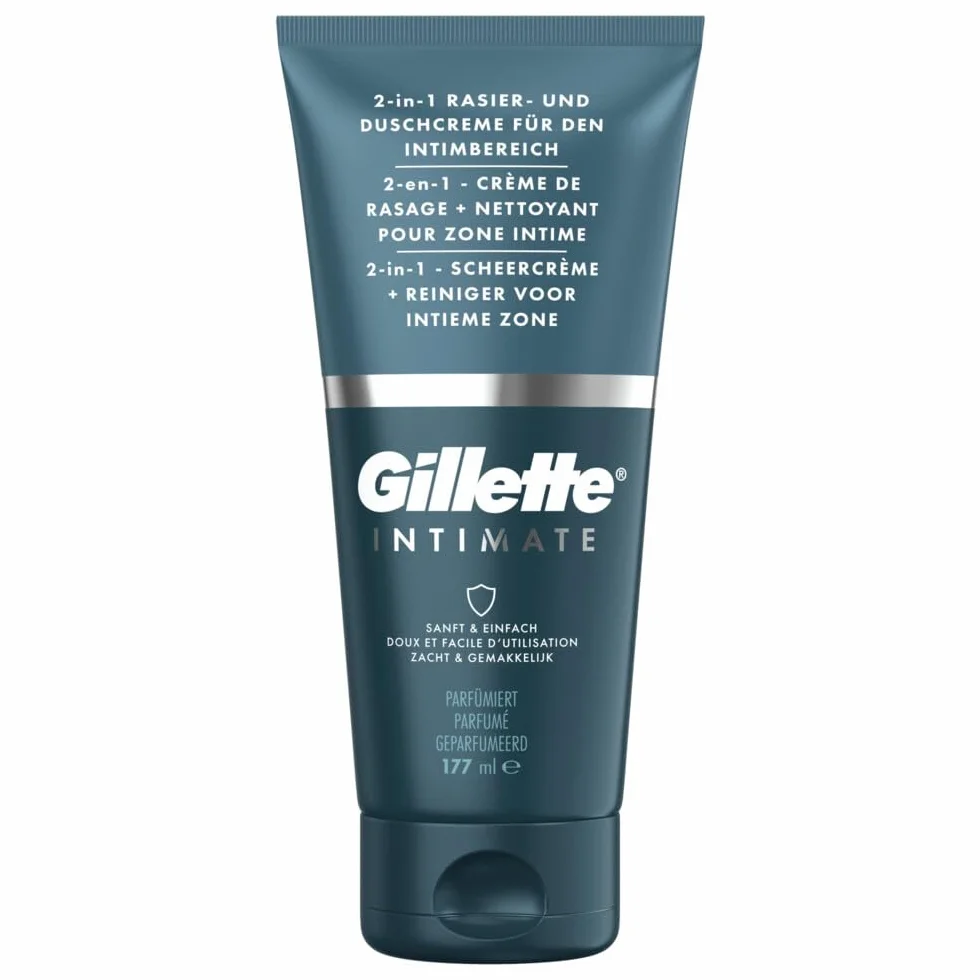 Gillette Intimate zestaw do golenia intymnego dla mężczyzn (177 ml), krem do golenia i pod prysznic 2 w 1, formułowany do owłosienia okolic intymnych, z aloesem, bez parabenów, prezent dla mężczyzn