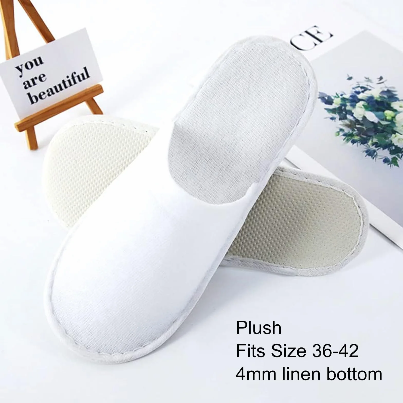 Bavooty Kapcie hotelowe, Hotel Slippers, Buty jednorazowe, Zestaw kapci dla gości, 6 par kapci frotte, Zamknięte pantofle, Jednorazowe kapcie białe pantofle domowe, dla kobiet i mężczyzn Spa Podróże
