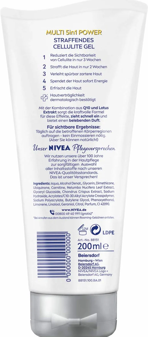 NIVEA Żel do ciała Q10 antycellulitowy (200 ml), ujędrniający żel do pielęgnacji skóry z ekstraktem Q10 i ekstraktem z lotosu, żel na cellulit z formułą Multi Power 5 w 1