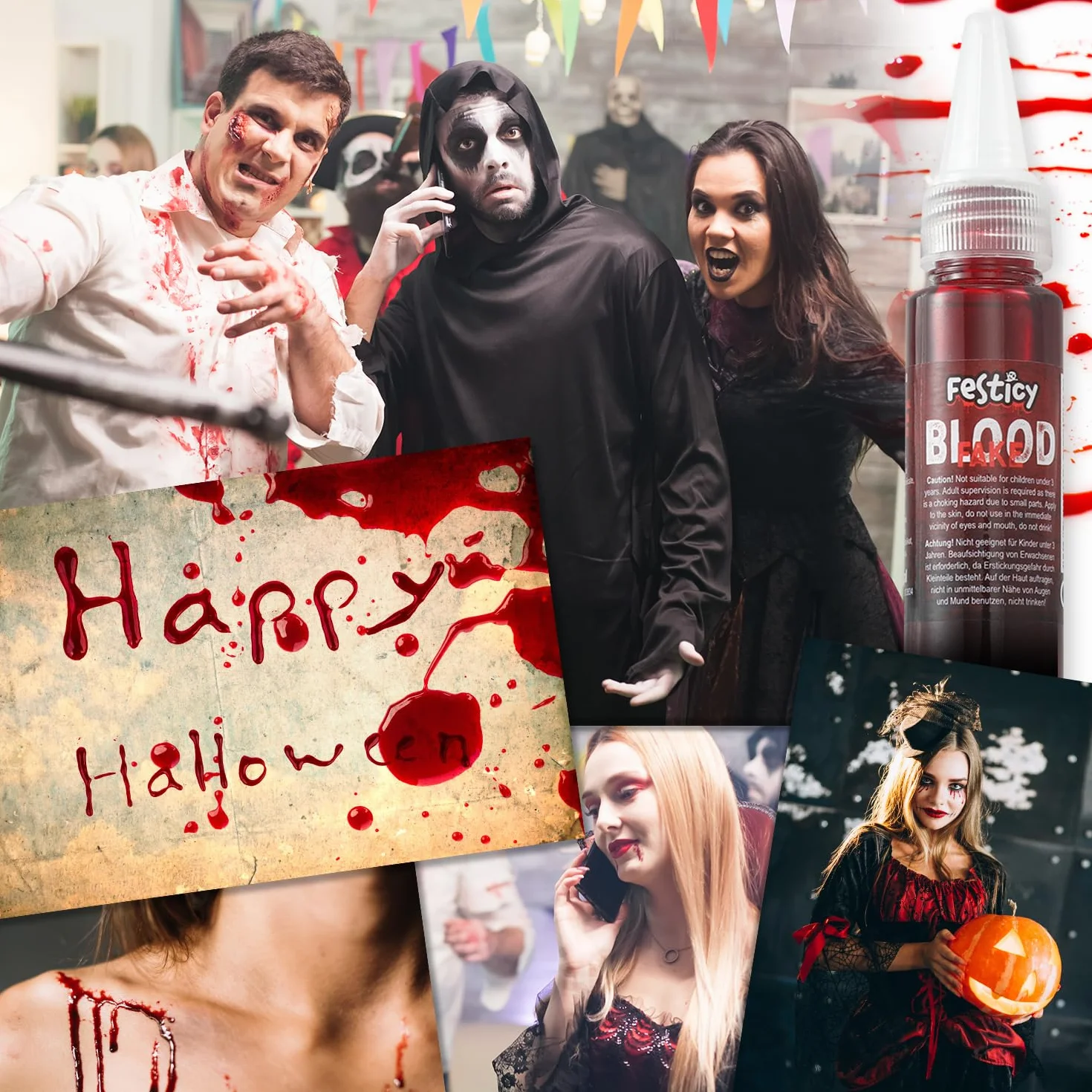 Festicy Premium Sztuczna krew 25 ml, na Halloween, sztuczna krew do kostiumów wampirów, potworów i zombie, zmywalna, sztuczna krew na Halloween, fałszywa krew o prawdziwym wyglądzie