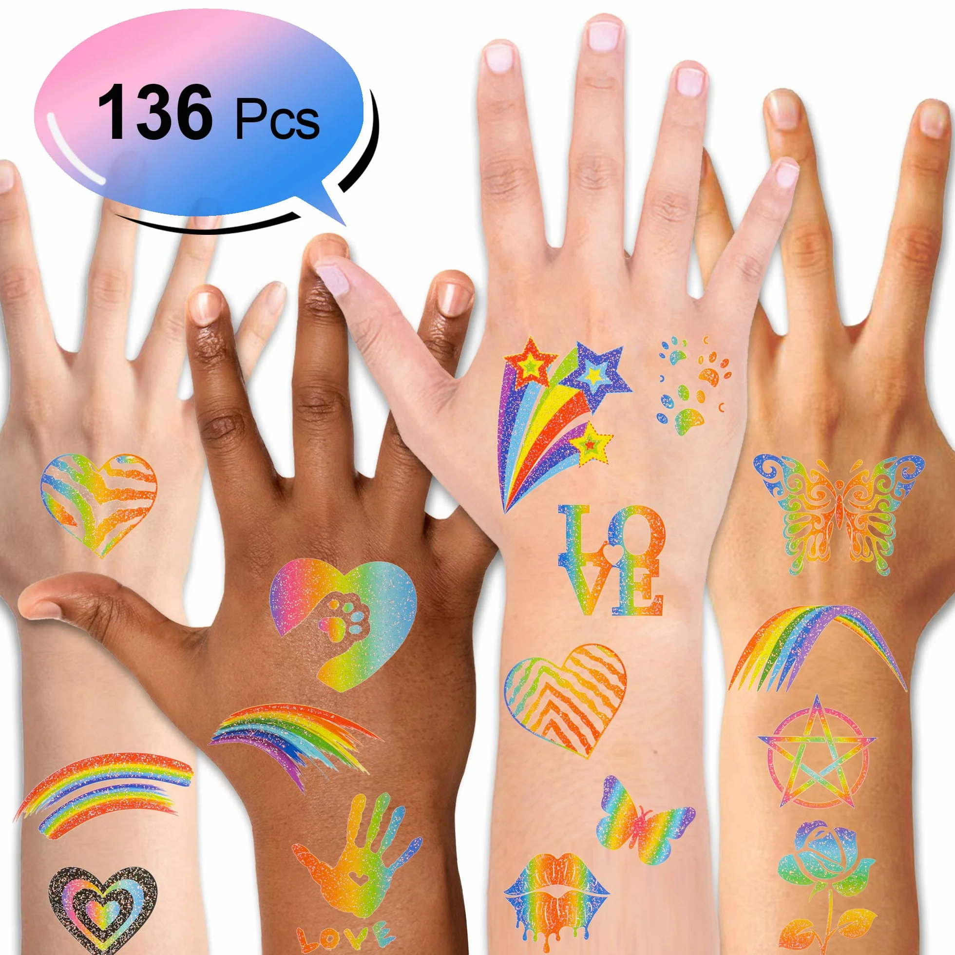 Qpout 12 szt. tęczowych tatuaży brokatowych motyli serce tęczowa flaga Body Art naklejka 130+ brokatowych stylów, tatuaże dla dziewcząt i chłopców, na przyjęcie urodzinowe